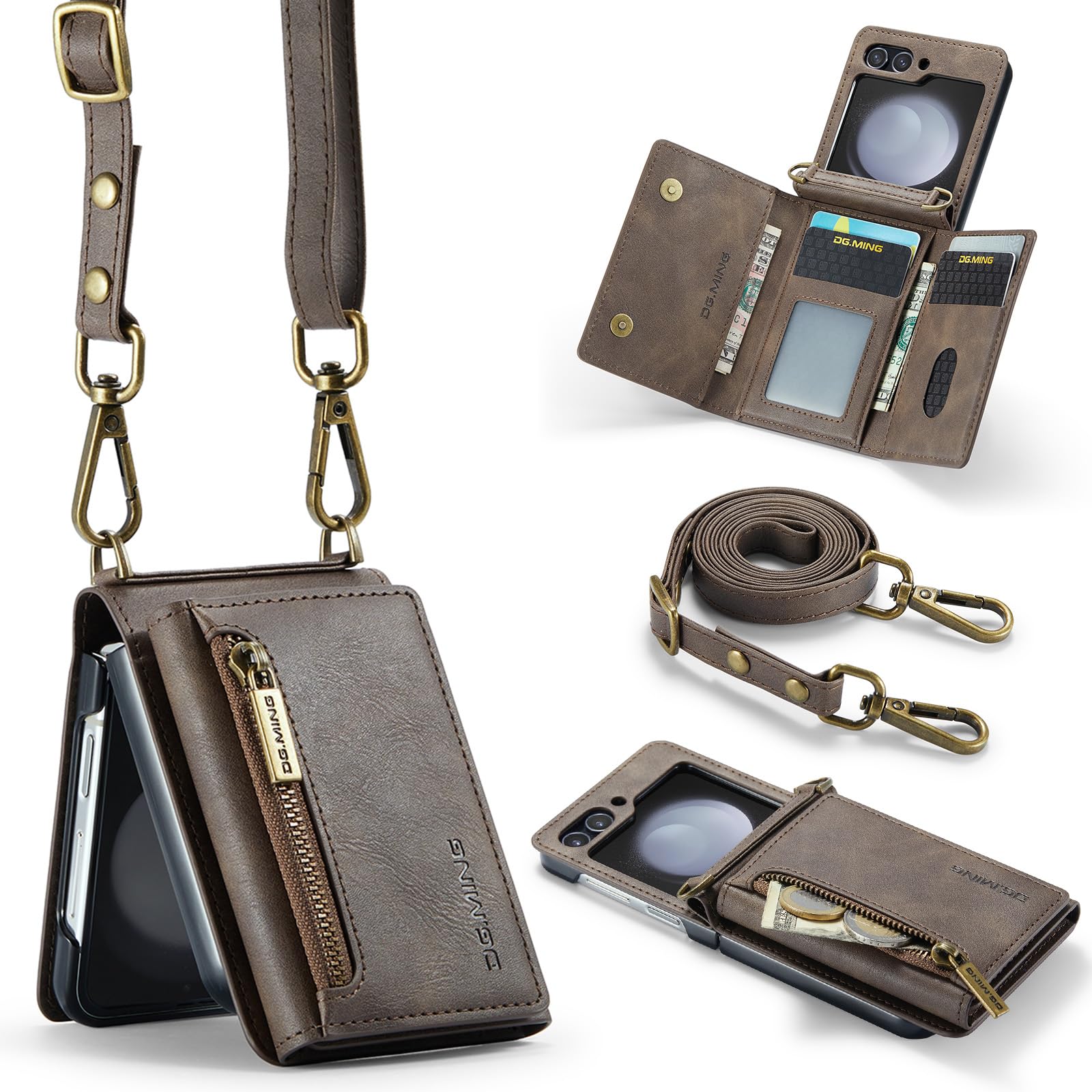 XYAJUANG Compatible with Samsung Galaxy Z Flip 5 Phone Case， Upgraded Zipper Design， PU Leather Folding Wallet Phone Cases with Shoulder Strap&Card