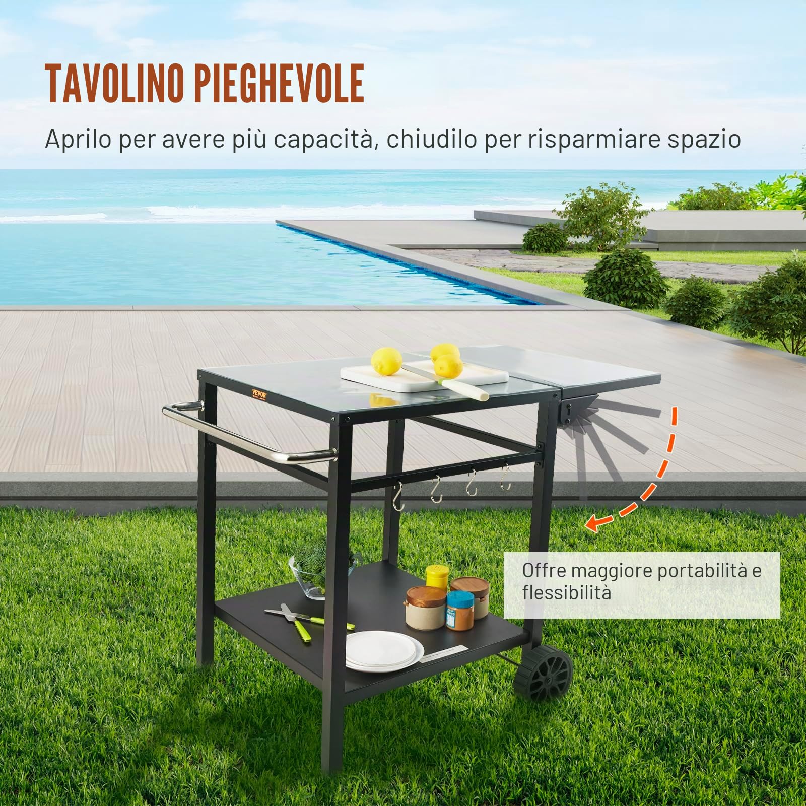 VEVOR Carrello da Pranzo per BBQ da Esterno con Doppio Ripiano, Tavolo Mobile per la Preparazione degli Alimenti per Barbecue, Piano Multifunzionale in Ferro Pieghevole, Carrelli Modulari per Esterno