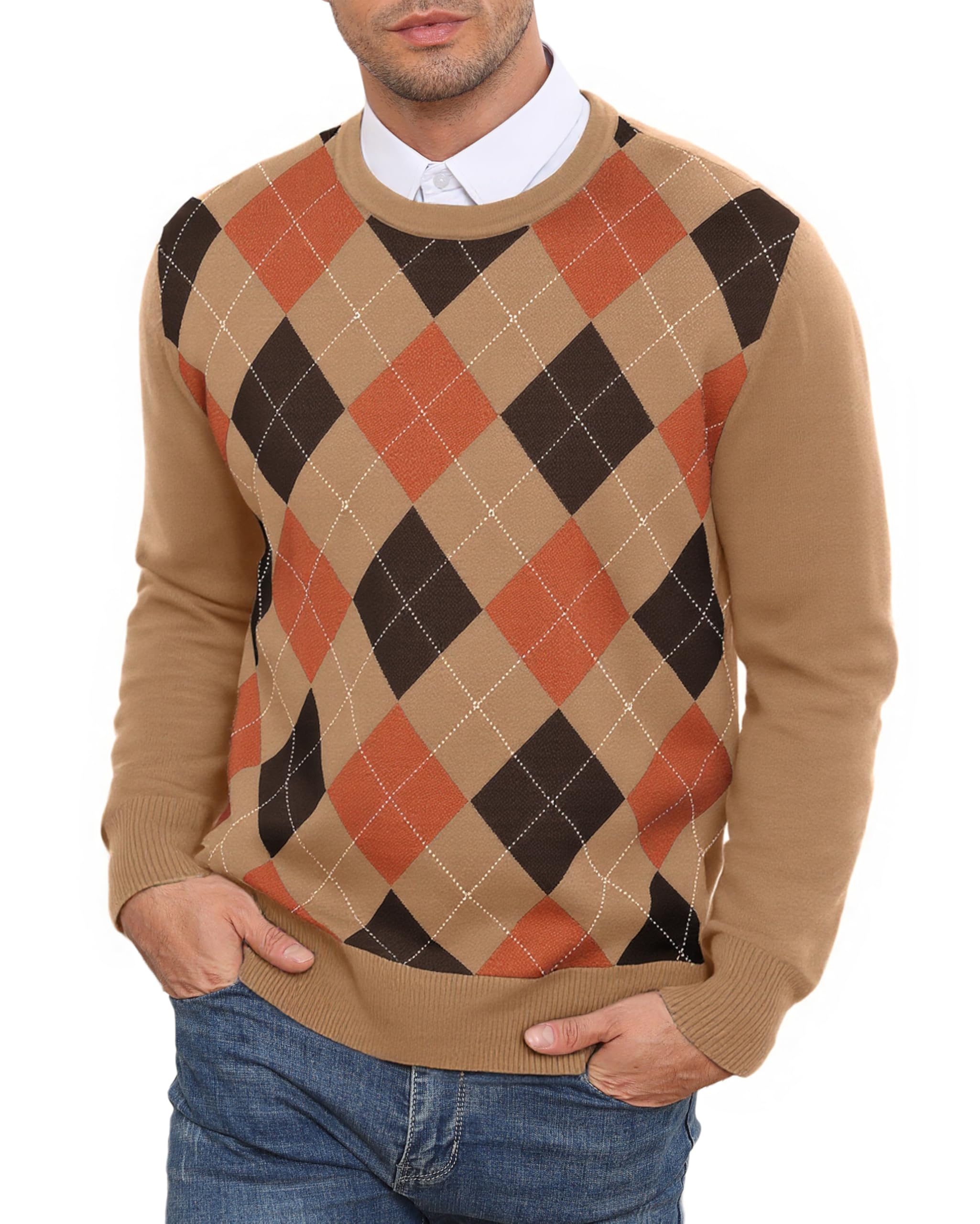 RQP Men's Crewneck Sweater Slim Fit Argyle Pattern Long Sleeve Knit Pullover Sweater for Casual Or Dressy Wear