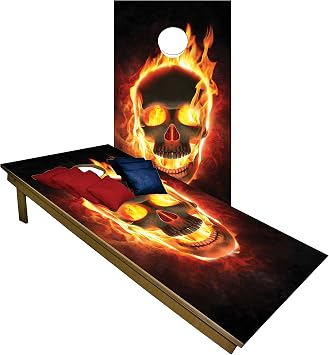 Premium Cornhole Set - Flaming Skull Harley Biker Tailgate Cornhole Boards w Set of 8 Cornhole Bags!778