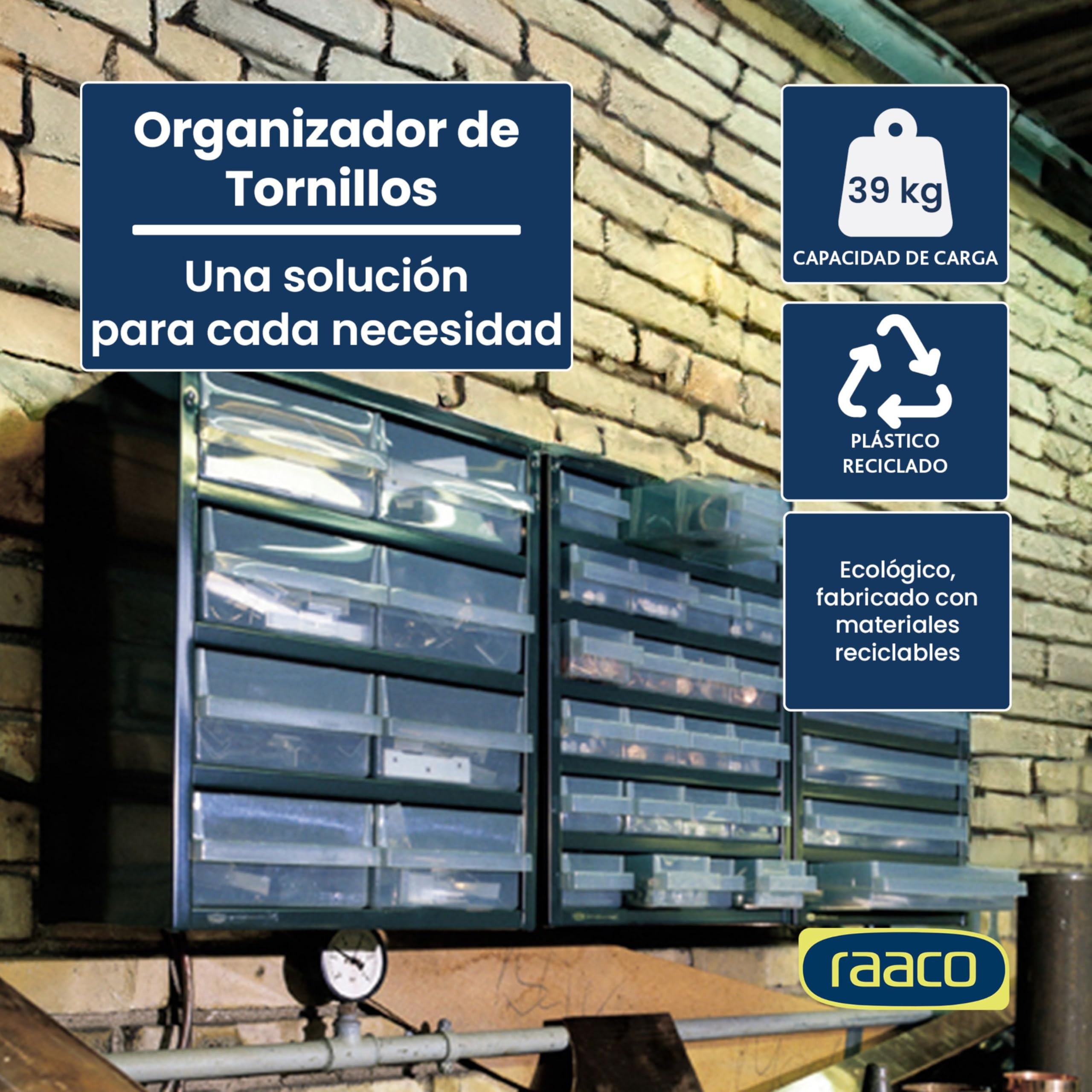 raaco Organizador de Tornillos C12-48, con 48 Cajones, Capacidad 39,6 kg, 15 x 30,6 x 55,2 cm, Apto para Montaje en Pared, Clasificador de Tornillos y Pequeñas Piezas para Taller