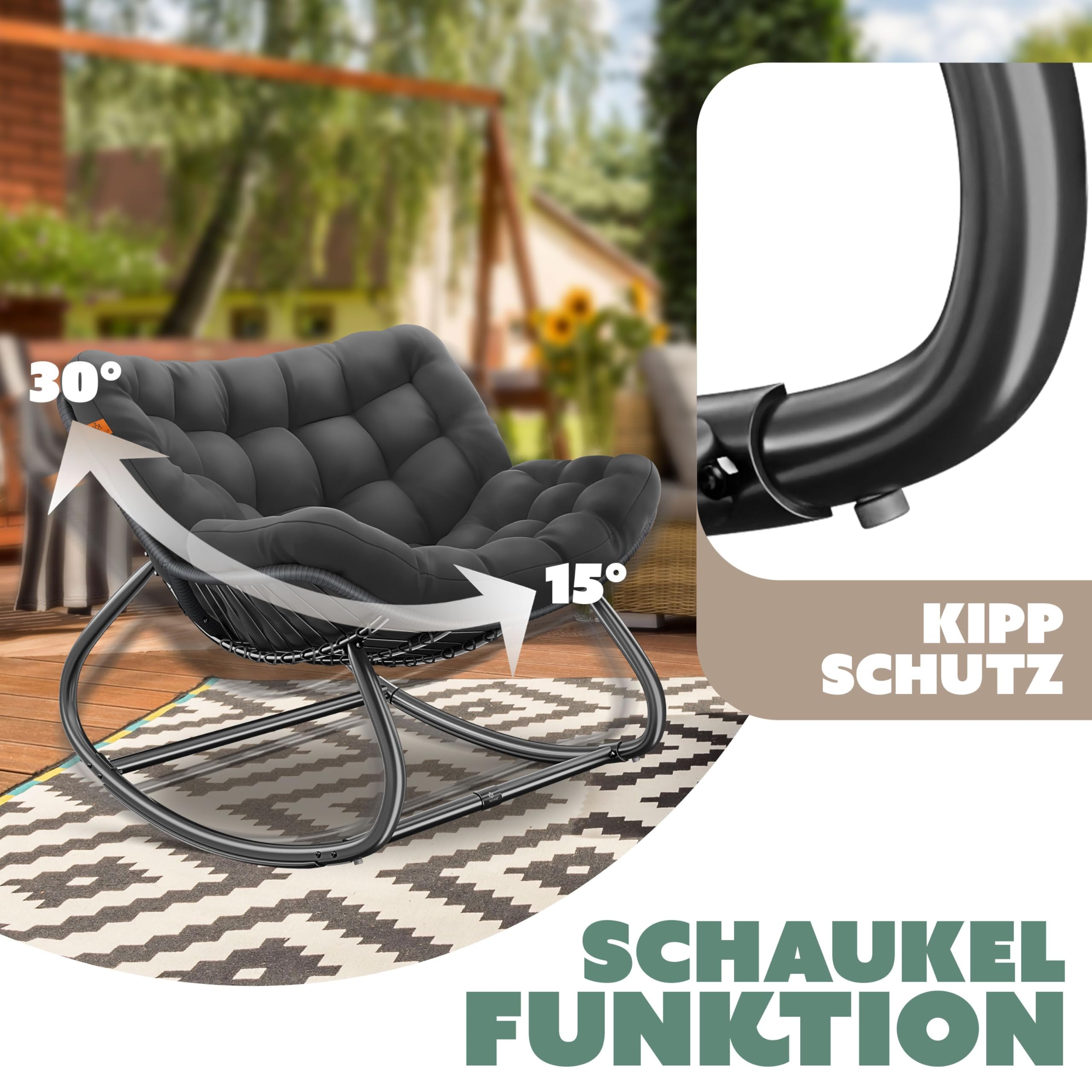 KESSER® Schaukelstuhl XXL Outdoor, ergonomischer Schaukelsessel mit Sitzpolster für In- & Outdoor, Relaxsessel Garten, Balkon Sessel, wetterfester Gartenstuhl bequem, rutschfest, bis 150kg, Anthrazit