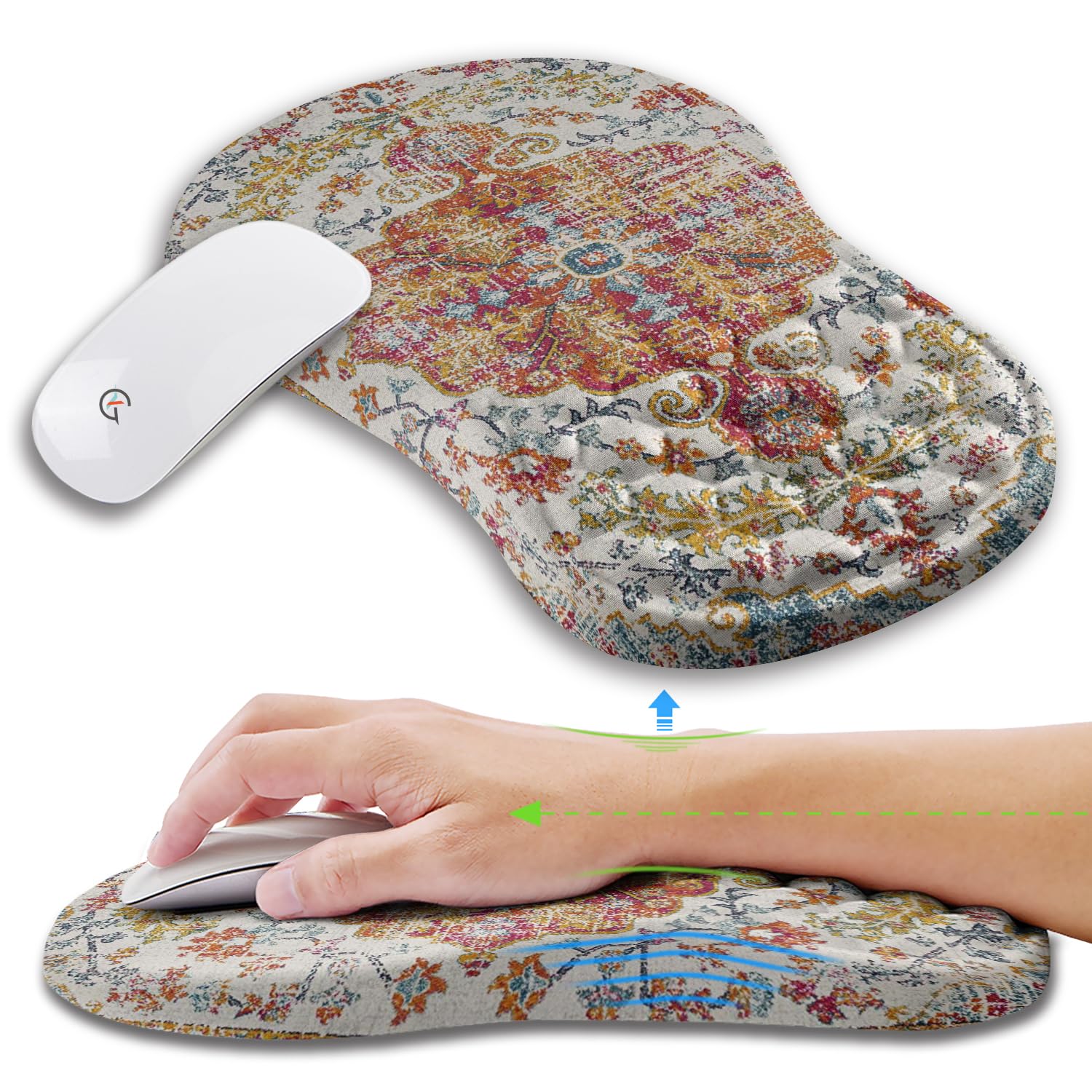 KUOSGM Ergonomic Mouse Pad Wrist Support with Memory Foam Massage Bulge, Carpal Tunnel Pain Relief Mousepad Wrist Rest for Mouse(12x8 inch, Boho)