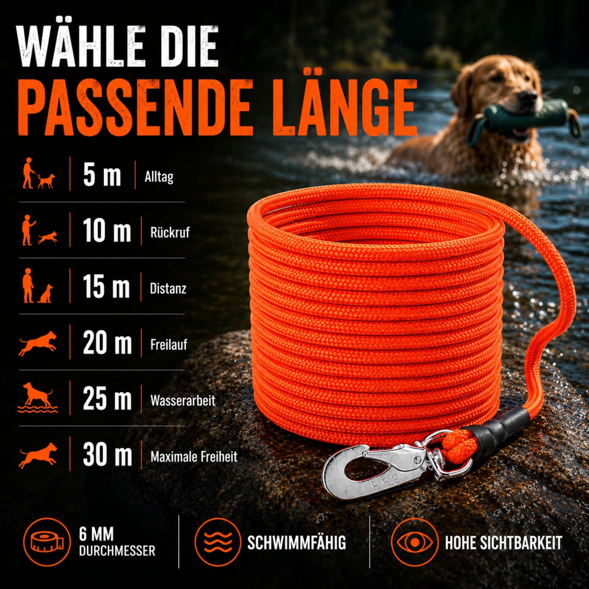 Schleppleine Hund schwimmend, ohne Handschlaufe, 10 m, Leuchtend Orange - robuste Feldleine mit Drehgelenk-Karabiner, Zuglast 230 kg, Trainingsleine für Hunde, Wasser- & Geländearbeit