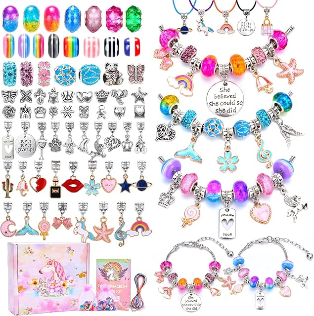 MONOBIN Charm Bracelet Making Kit for Girls, 130 Pieces Jewelry Making Supplies, Charm Beads for Jewelry Bracelets DIY Craft Kit - Gifts Idea for Teen Girls