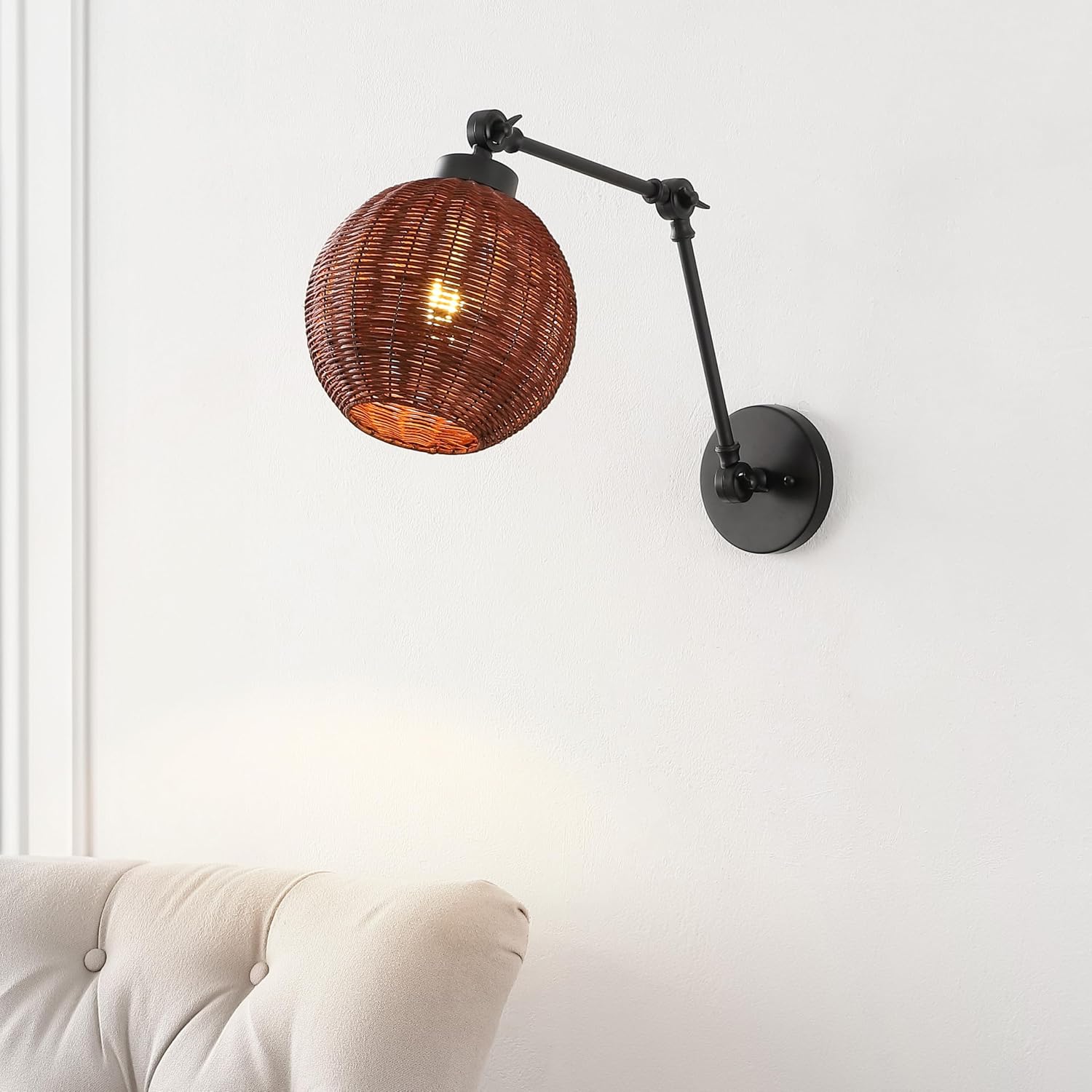 JONATHAN Y 22" Black/Dark Brown 1-Light Rattan and Iron Swing Arm LED Sconce, Mid-Century Vintage Bohemian Globe Wall Lamp, Adjustable Reading Light, LED Bulb Included JYL1604A