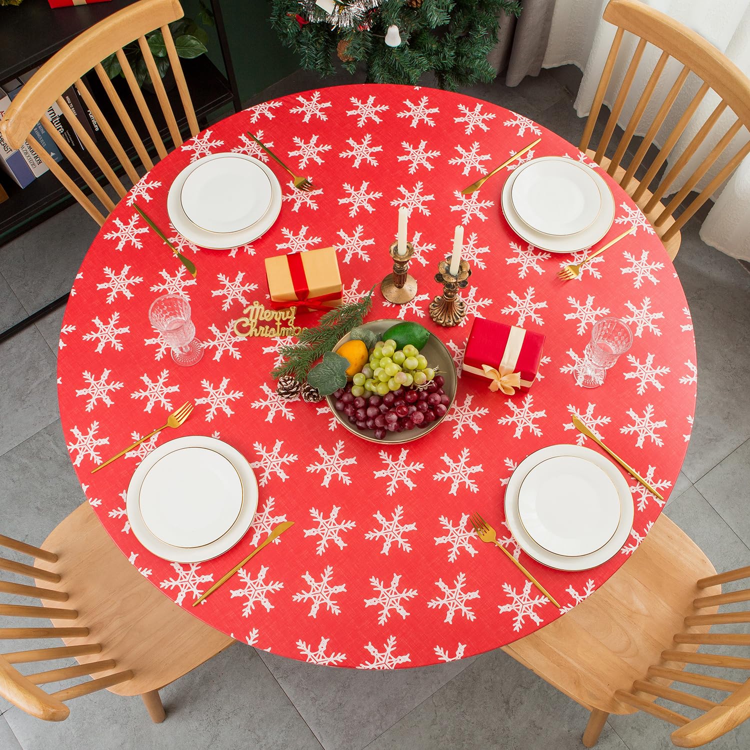 NLMUVW Round Fitted Christmas Vinyl Tablecloth with Elastic Edge 100% Waterproof Oil Proof Super Elastic Wipe Clean Table Cover for Indoor and Outdoor, Snowflake, 37"- 54" โ image 1