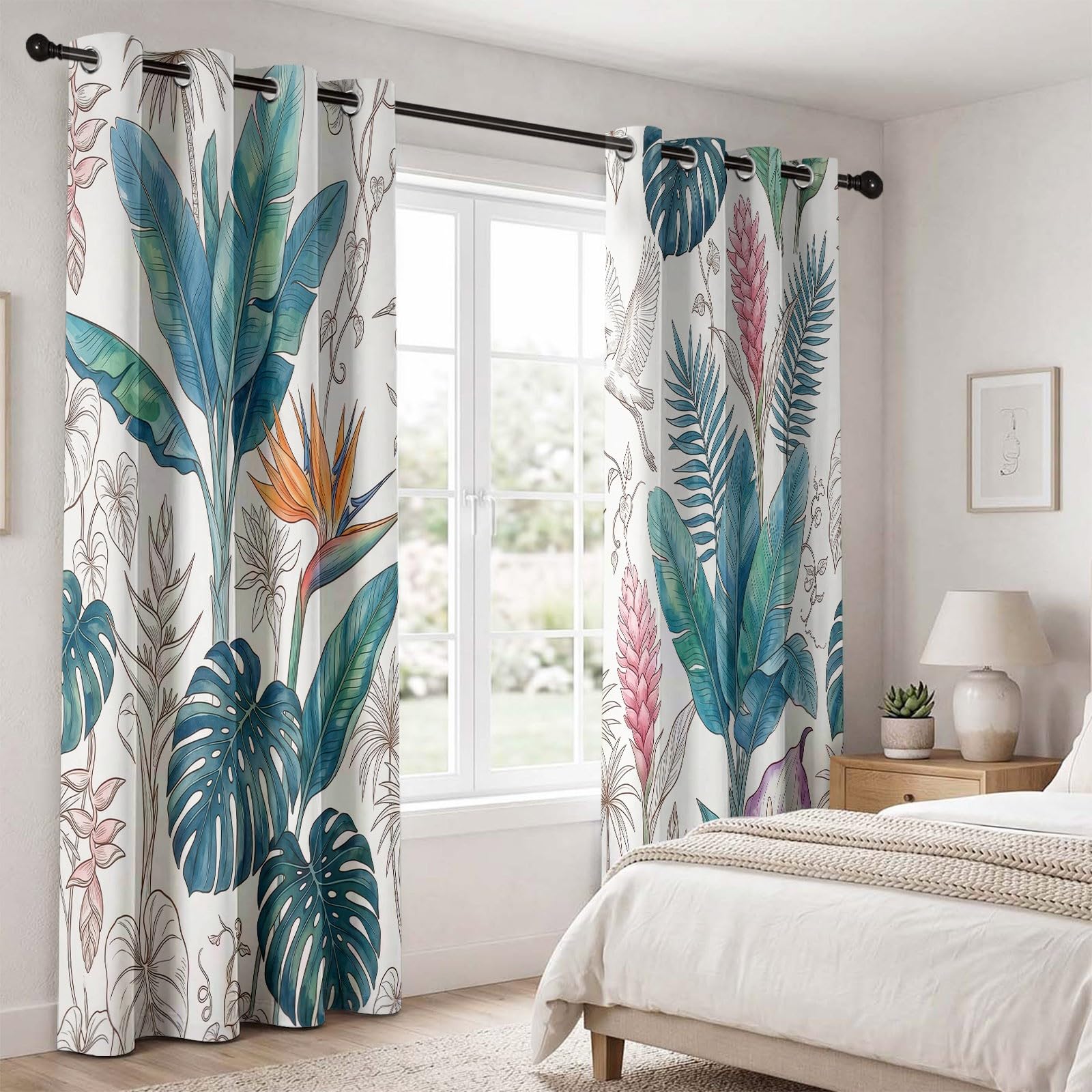 Rideau occultant à Motif de Monstera Tropicale, Plante Oiseau Rideaux œillets Isolation Thermique Traitements fenêtre à œillets pour Salle De Séjour, 70L X 240H cm (2 Panneaux), Vert Multicolore
