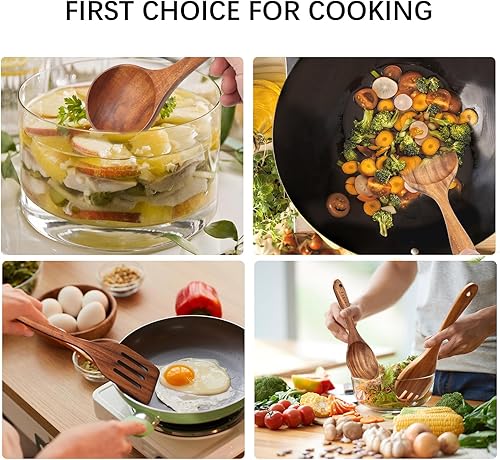Miniatura 6 de Cucharas de madera para cocinar, 10 piezas de utensilios de cocina de madera de teca natural, juego de utensilios de cocina de madera para cocinar,