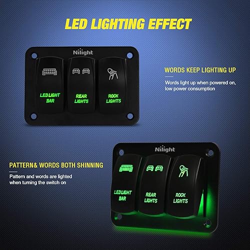 Miniatura 4 de Nilight - Panel de interruptores basculantes de 3 bandas, de aluminio, con 5 pines de encendido y apagado, barra de luces LED, interruptor SPST de