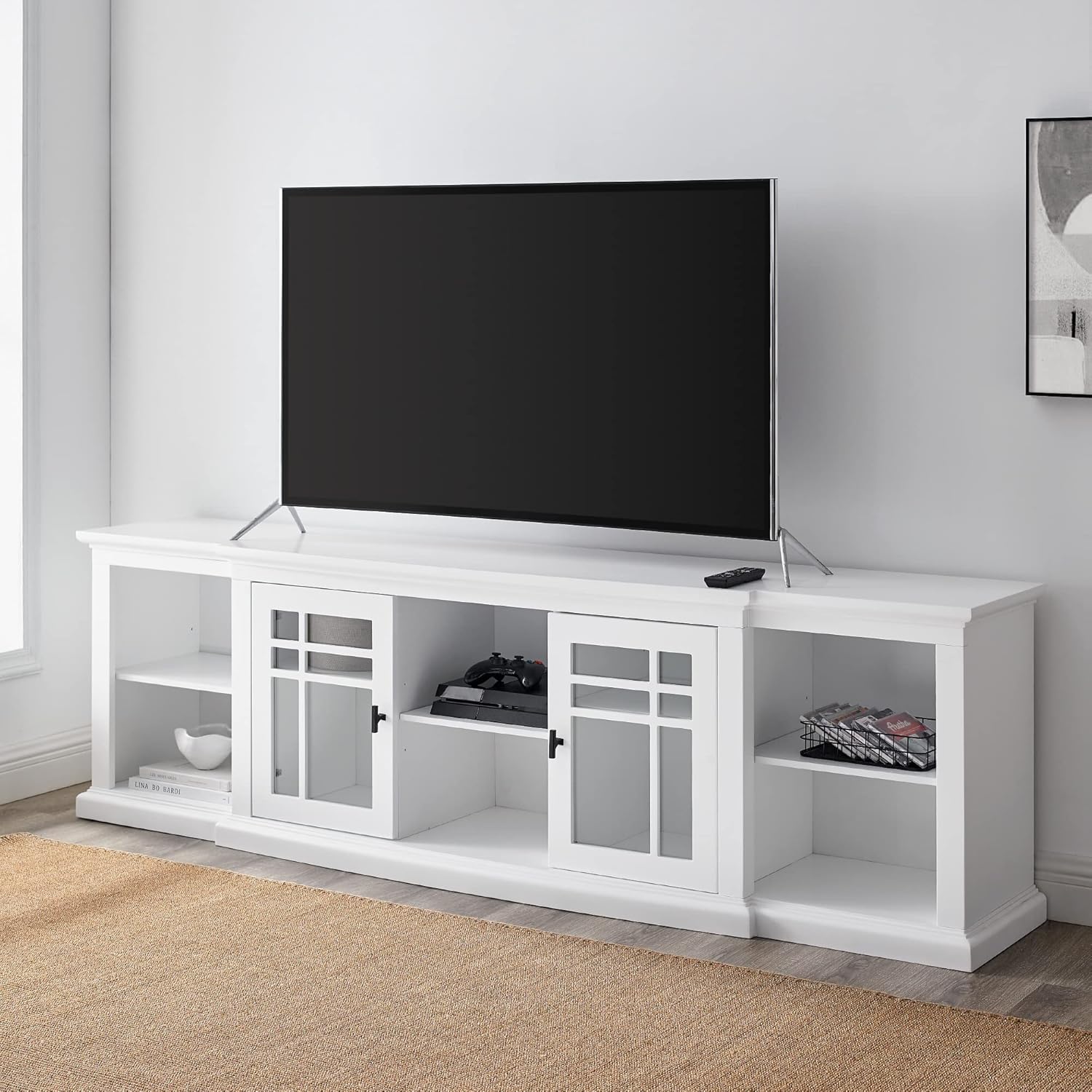 Walker Edison Bardot Classic Glass-Front 2-Door Storage TV Stand for TVs up to 88 Inches 80 Inch White