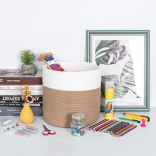Miniatura 3 de MINTWOOD Design Cesta de cuerda de algodón de 11 x 11 pulgadas para macetas y macetas de suelo de interior, cesta decorativa redonda tejida,