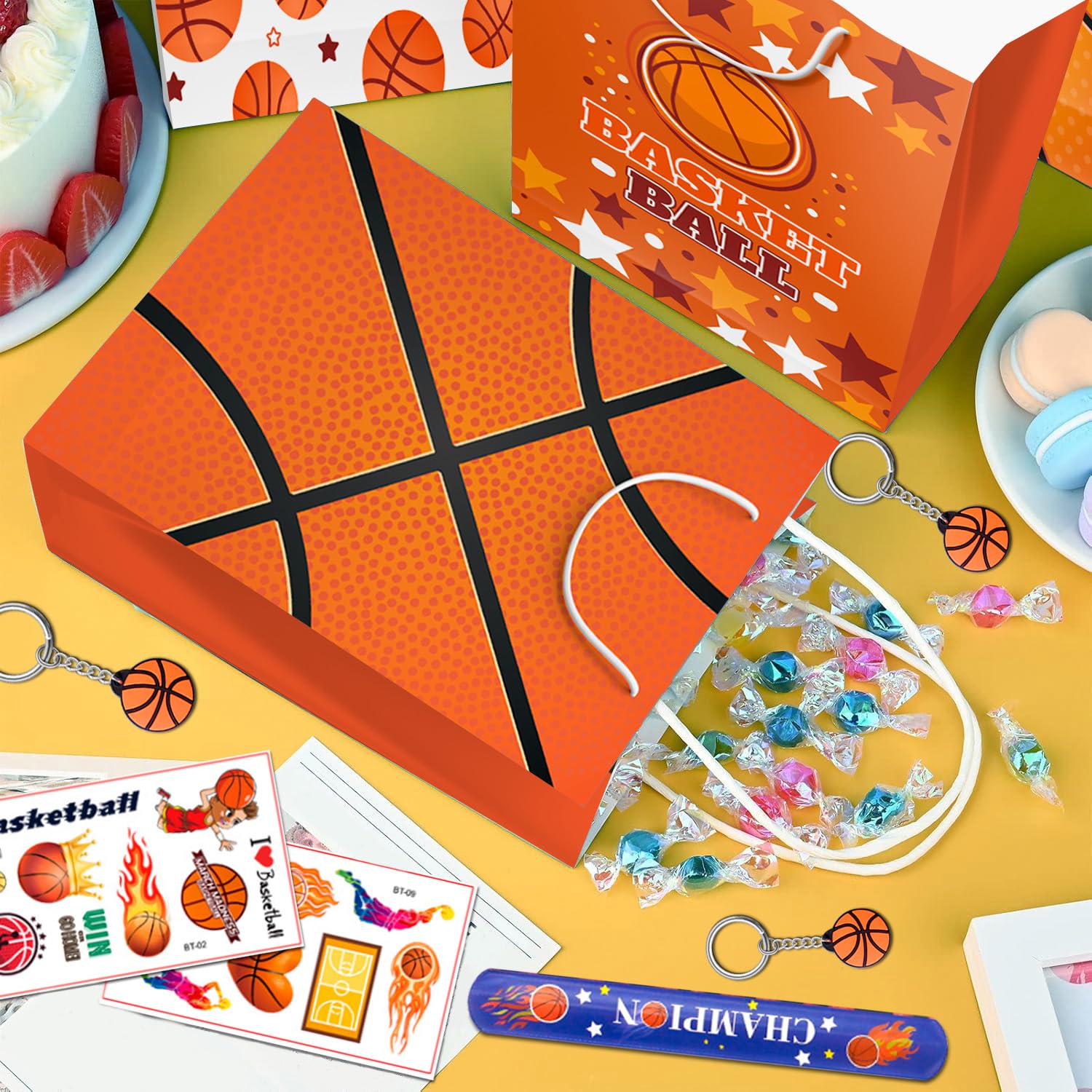 Bomboniere per Feste a Tema Basket,122 Pezzi Bomboniere a Tema Basket Set-Pallacanestro Goodie Bags Portachiavi Adesivi etc Decorazioni per Feste di Basket