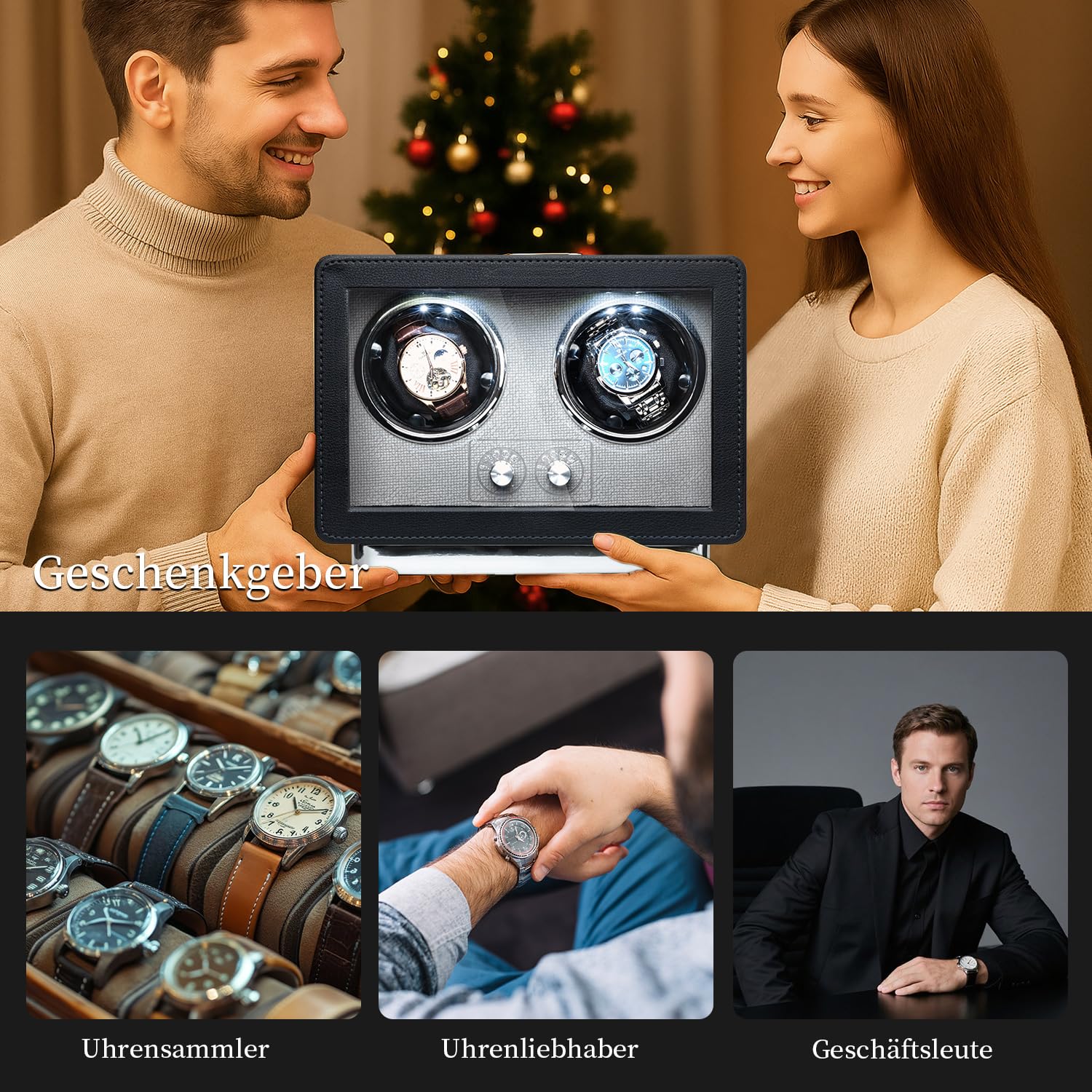 Mcbazel Uhrenbeweger für 2 Automatikuhren, Uhrenbeweger Leiser Motor mit 4 Rotationsmodi, Duale Stromversorgung (USB-C & Batterie), LED-Beleuchtung & Auto-Stopp Funktion