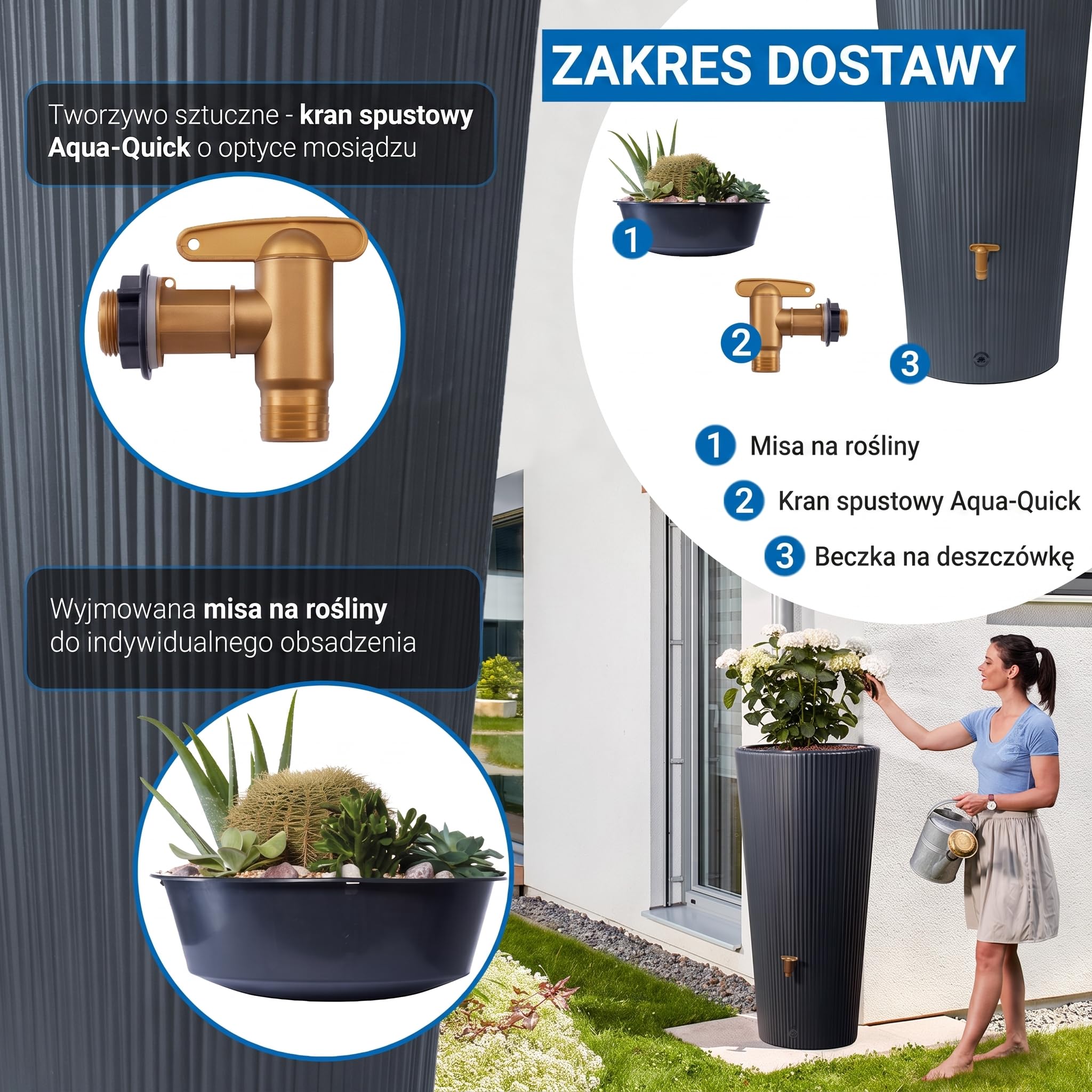 4rain VASO DECOR 2w1 zbiornik na deszczówkę 220 l, graphite grey | z misą na rośliny