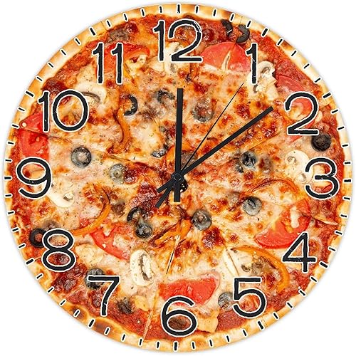 Reloj redondo de madera para pared, comida y pizza, con números arábigos, silencioso, sin tictac, funciona con pilas, para decoración de casa de
