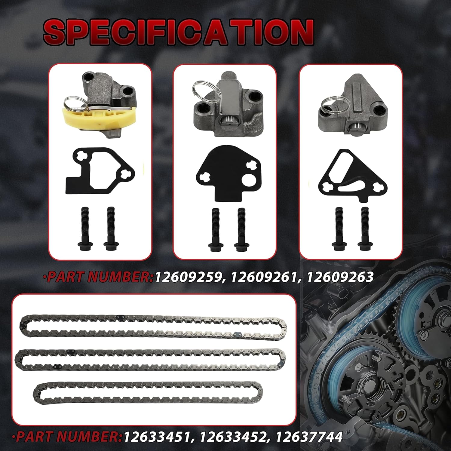 3.6 Timing Chain Kit with VVT Sprocket Solenoid Actuator Fit for Chevrolet Equinox Impala Malibu Camaro Cadillac ATS CTS SRX STS XTS Saturn GMC Pontiac Suzuki 3.0L/3.6L 2006-2015#90753S