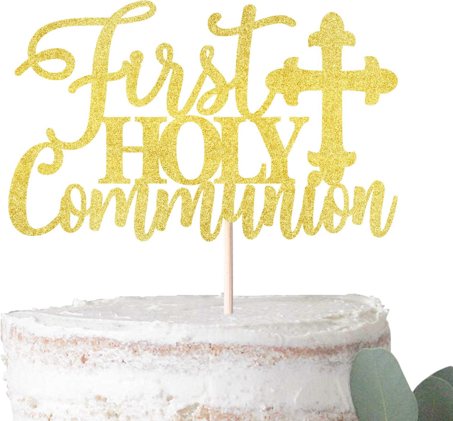Xsstarmi 1 PCS First Holy Communion Cake Topper Glitter Christian Baby Baptism God Bless Cake Pick First Communion Theme Baby Shower Birthday Party Cake Decorations Supplies Gold