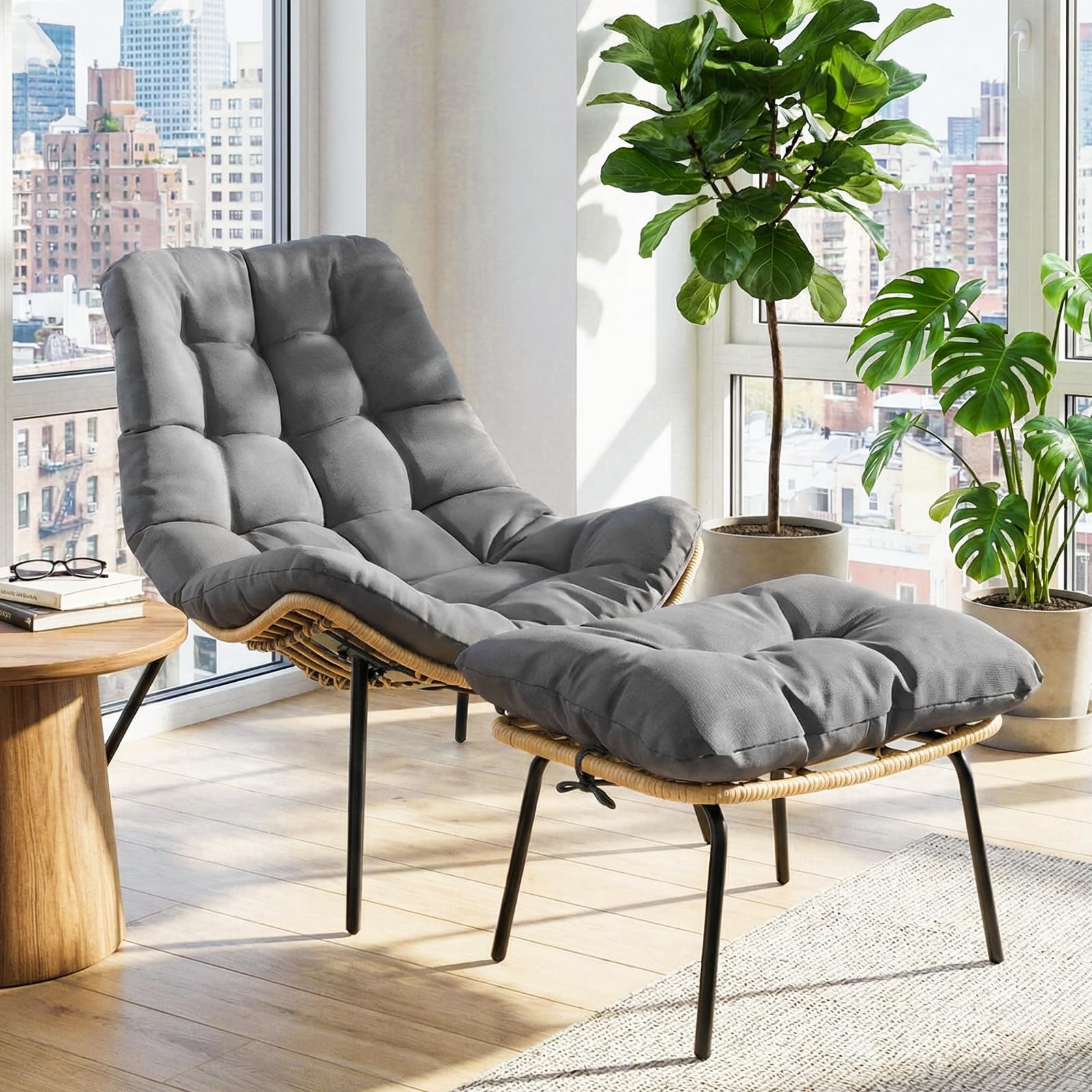 LIFERUN Gartenstuhl mit Hocker, Loungesessel Rattan, Gartensessel Wetterfest, bis 120 kg, Balkonsessel mit Abnehmbarem Kissen, Waterproof, für Garten Balkon Wohnzimmer Hof Schlafzimmer Terrasse, Grau