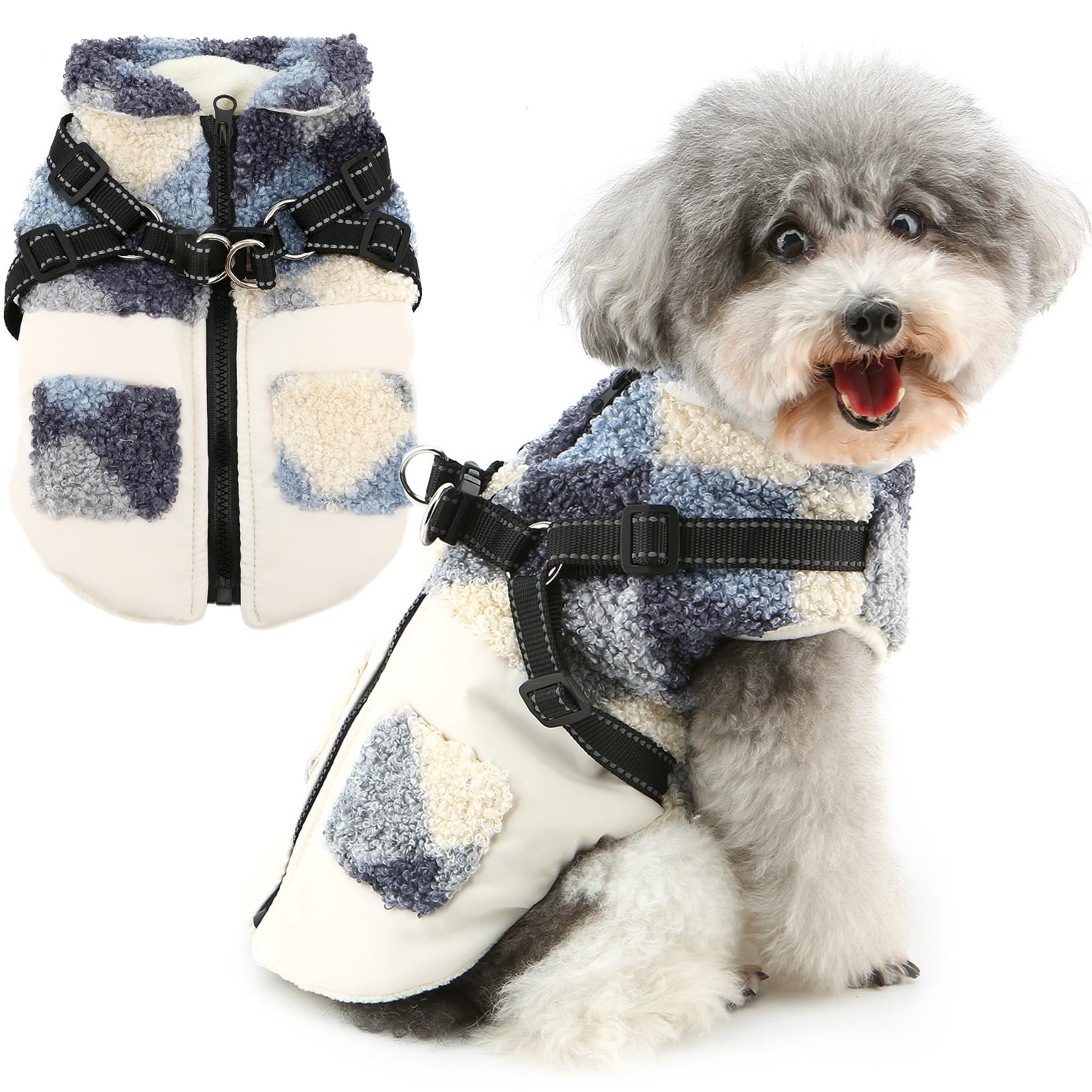 Zunea Dog Jacket Coats with Built in Harness for Extra Small/Small Dogs Warm Winter Fleece Lined Puppy Jackets Reflective Adjustable Windproof Outdoor Doggy Clothes Cold Weather Pet Apparel White XS