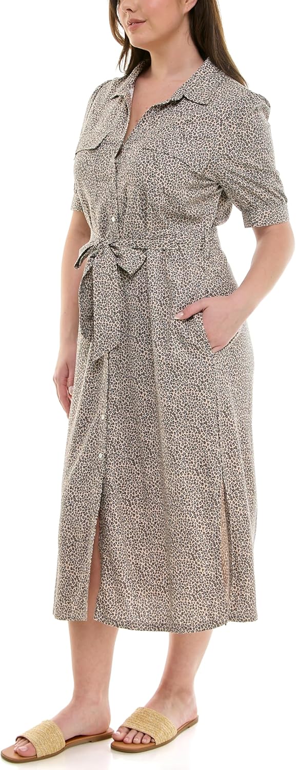 Nicole Miller New York Women's Short Sleeved Printed Shirt Dress with Self Belt