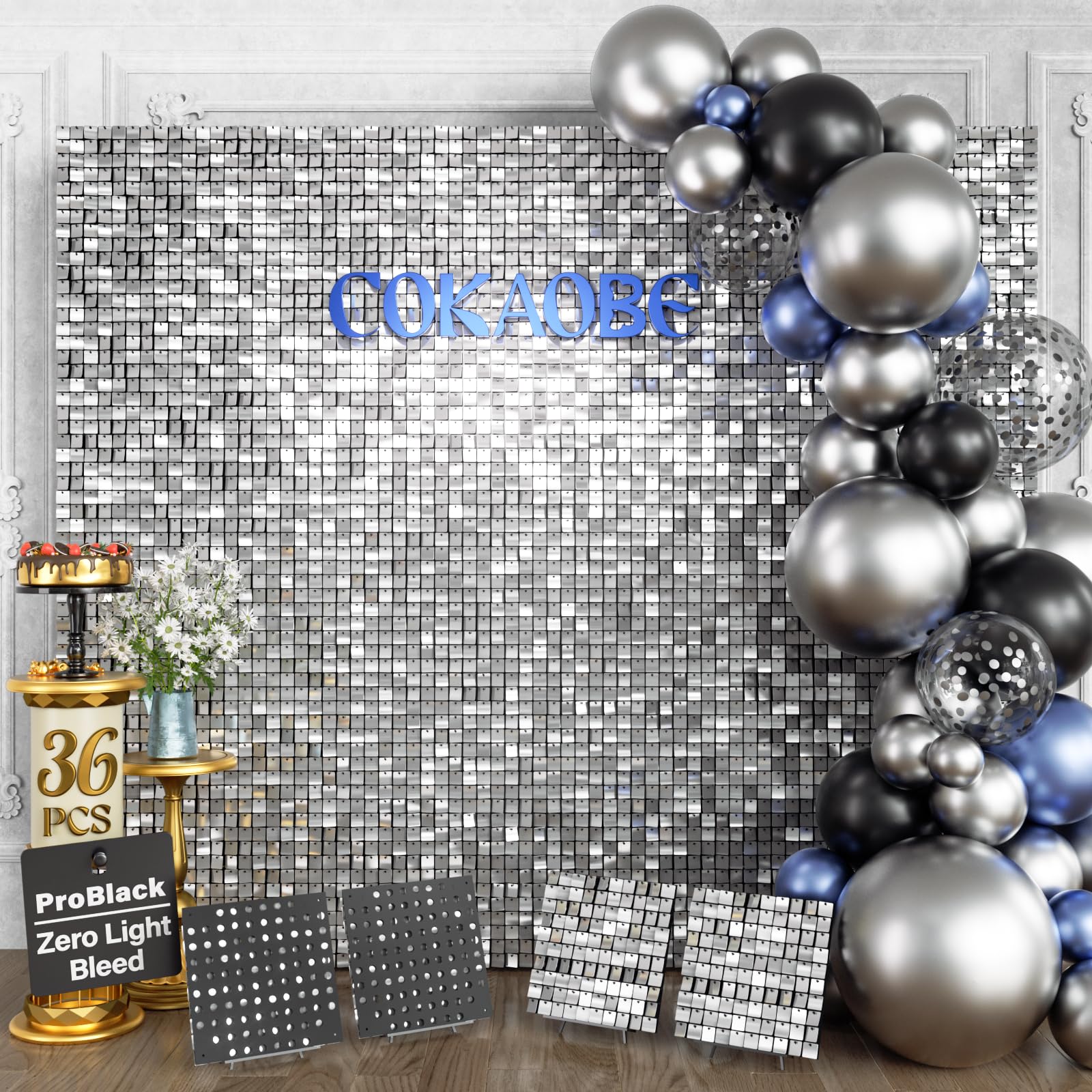 Photo 1 of COKAOBE ProBlack Series Shimmer Wall Backdrop 36 Pcs, Silver Square Sequin Glitter Backdrop Panel, Black Back Not See-Through Design, Perfect for Birthday Graduation Wedding and Party Decoration