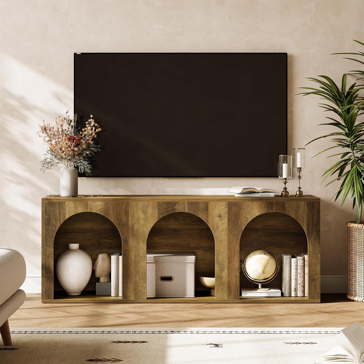 LITTLE TREE 63" Industrial Retro TV Stand for 32-75 Inches TVs, 3-Tier Open Entertainment Center Console Table, Widened Low Cabinet Media Storage Unit for Living Room Bedroom