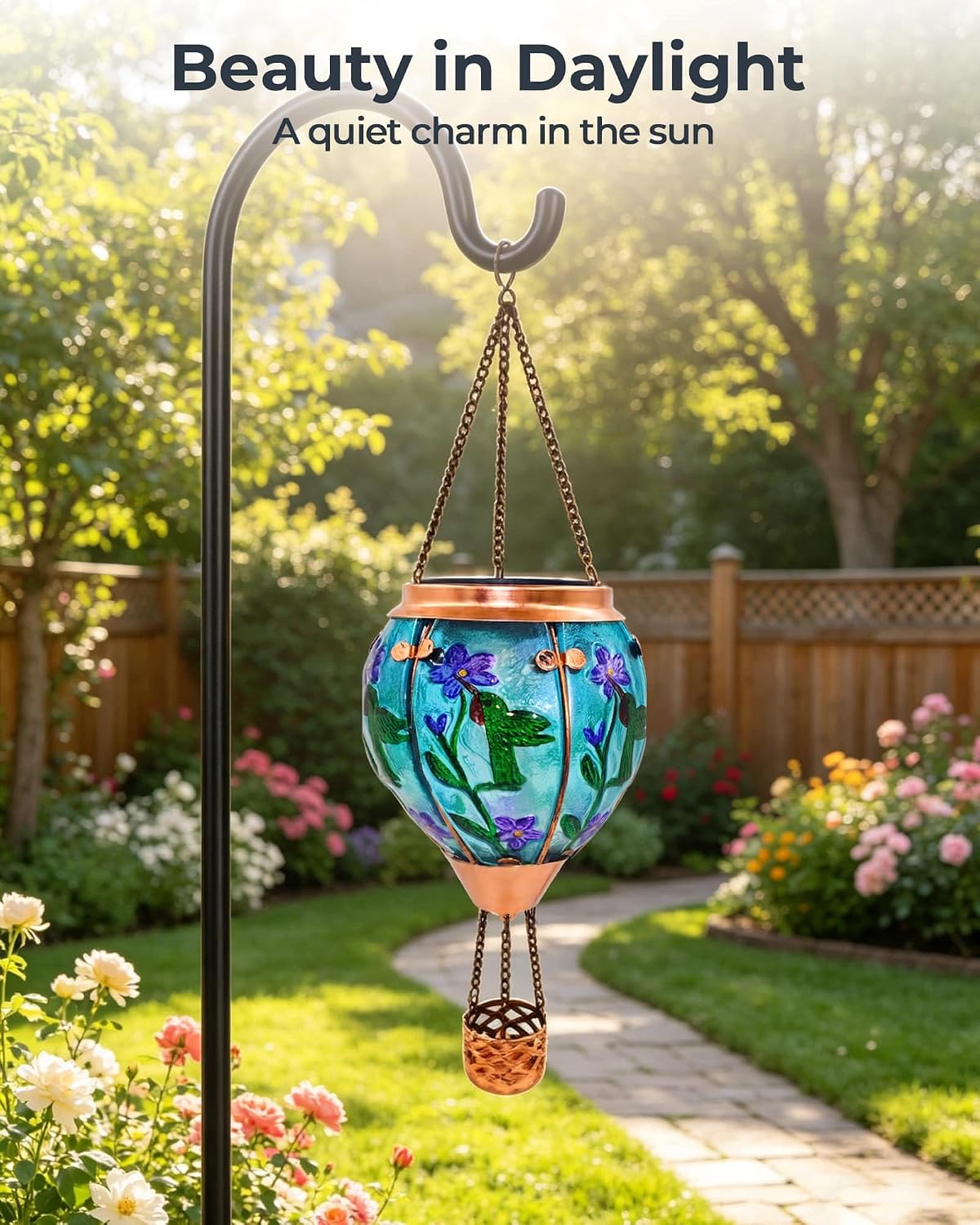 Hot Air Balloon Solar Lantern with Flame, Glass Solar Hanging Lanterns Outdoor Waterproof for Outdoor Garden Decor Yard Patio Tree, Mother's Day Gift (Purple Violet Hummingbird)