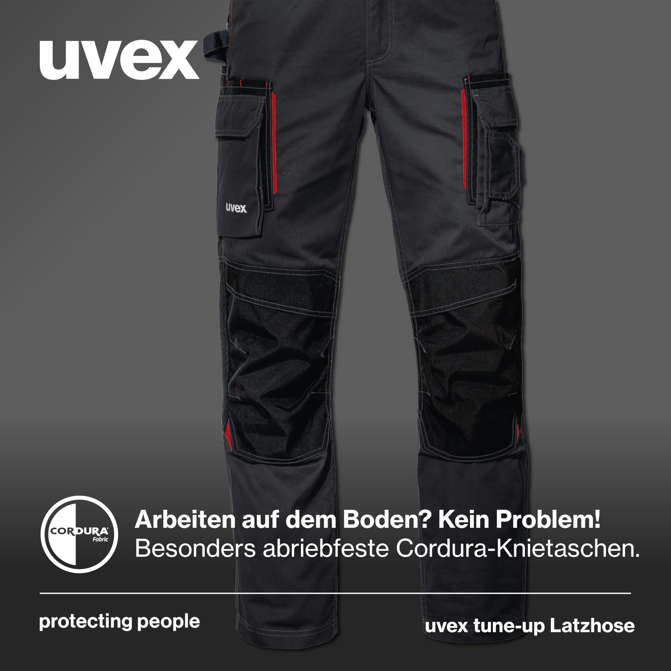 Uvex Tune-up długie męskie spodnie robocze - długie ogrodniczki z kieszeniami na kolanach - spodnie ogrodniczki premium, czarny/czerwony, 54