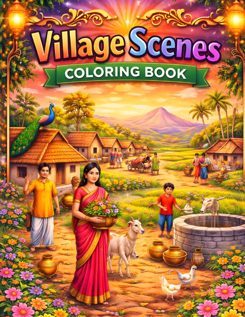 Village Scenes Coloring Book for All Ages: Relaxing Countryside Landscapes, Rural Life, Farm Animals & Peaceful Nature Designs for Kids, Teens, and Adults