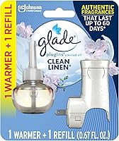 Glade PlugIns Clean Linen Air Freshener Starter Kit - Scented Essential Oil Warmer + Refill, Up to 60 Days Fragrance for Home & Bathroom