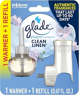 Glade PlugIns Clean Linen Air Freshener Starter Kit - Scented Essential Oil Warmer + Refill, Up to 60 Days Fragrance for Home & Bathroom