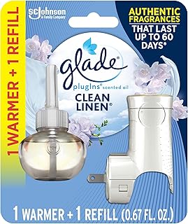 PlugIns Refills Air Freshener Starter Kit, Clean Linen, Scented and Essential Oils for Home and Bathroom, 0.67 Fl Oz, 1 Warmer + 1 Refill