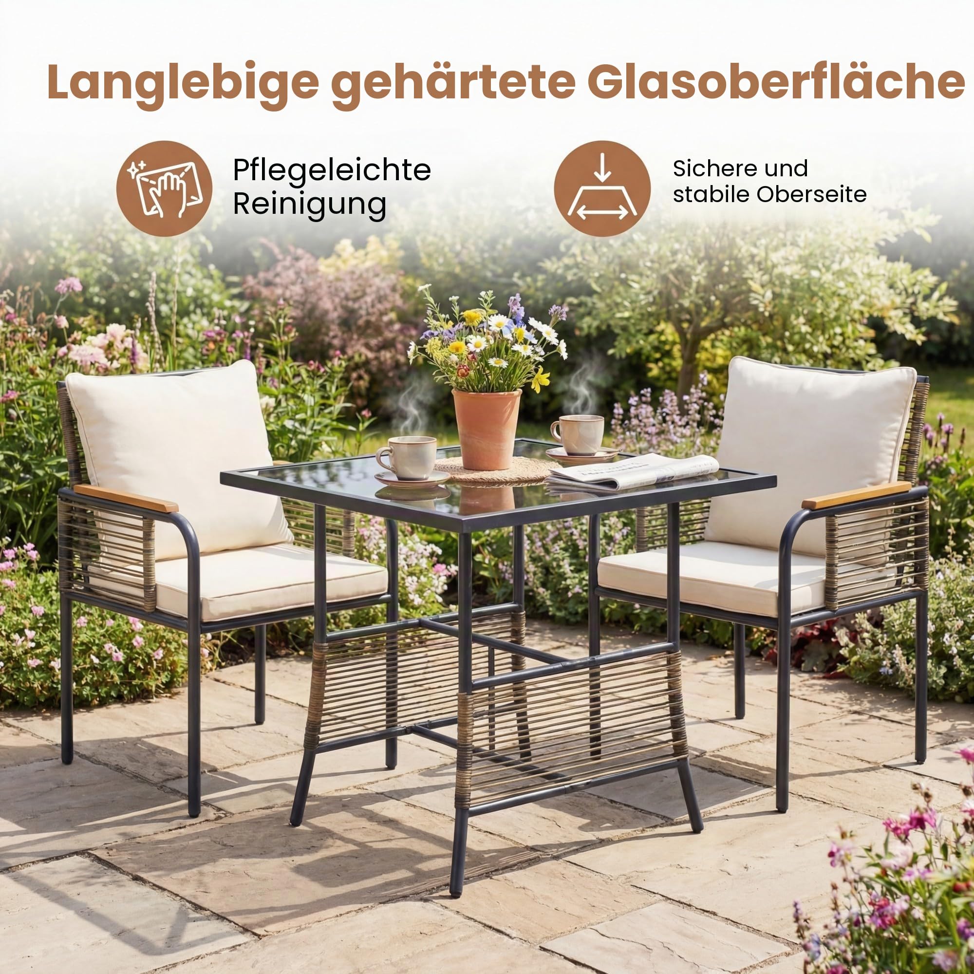 LIFEZEAL 3-TLG. Gartenmöbel Set, 3-teiliges Balkonmöbel-Set Rattan, Esstisch mit 2 Stühlen inkl. Sitzkissen, Terrassenmöbel Sitzgruppe für Balkon, Veranda, Garten, Hof (Beige)