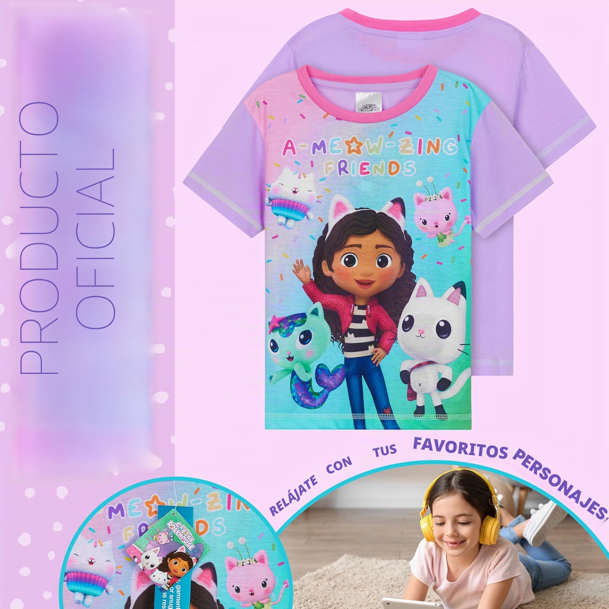 Gabby's Dollhouse Corto Transpirable Conjunto Pijama Niña - Regalo para Niña (Morado/Multi, 5-6 Años)