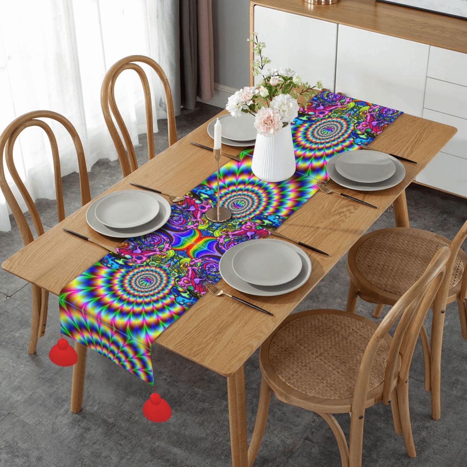 Chemin de table rustique motif champignon abstrait pour déco cuisine