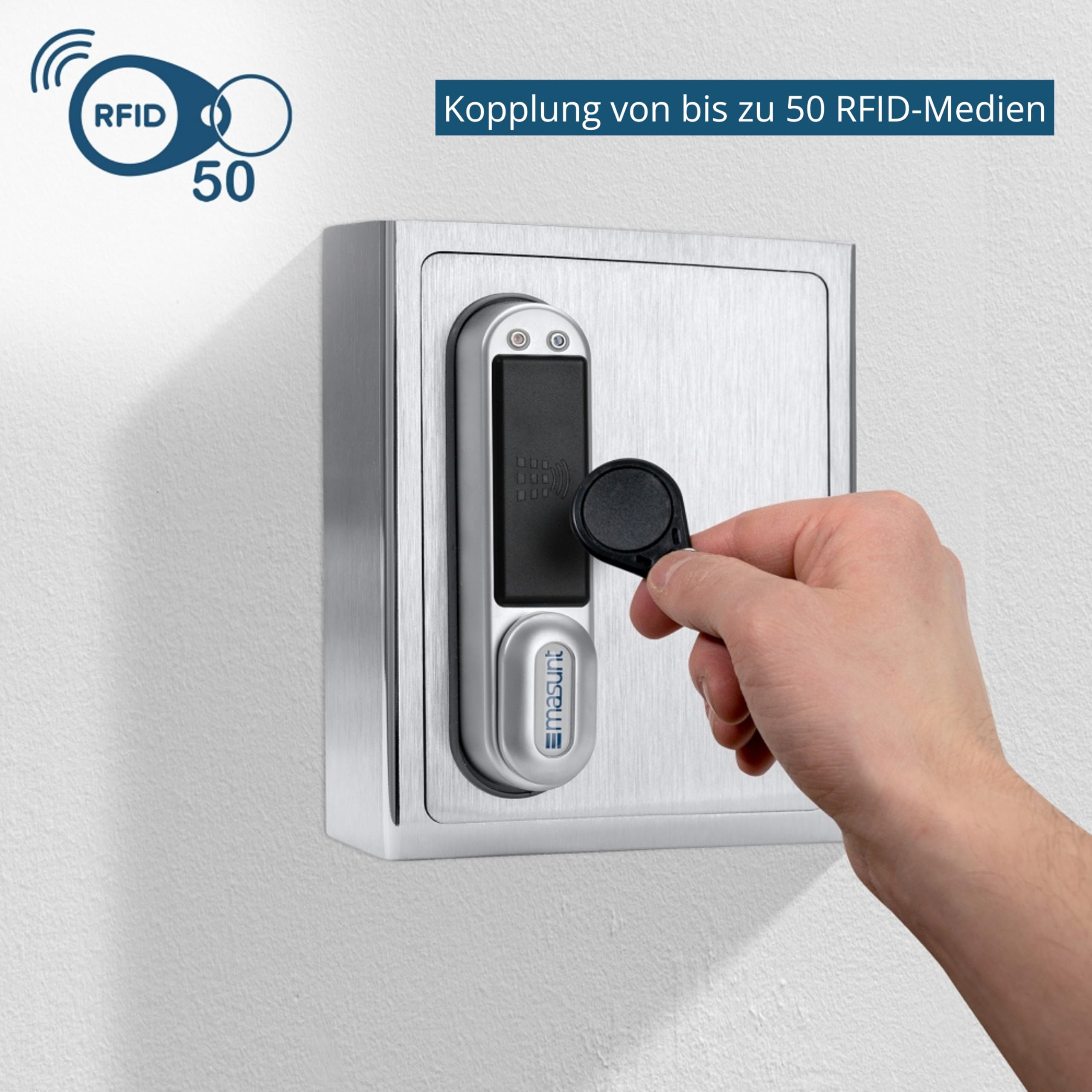 masunt Schlüsselsafe 1121 RFID | elektronischer Schlüsseltresor | Registrierung von bis zu 50 individuellen Zutrittsmedien | V2A Edelstahl | Aufbruch-sicher | wetterfest | silber