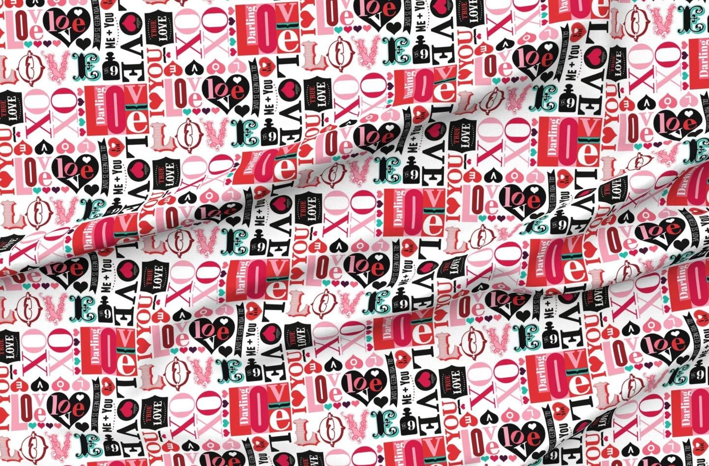 Spoonflower Fabric - Love Letters Valentine Hearts Text Romantic Printed on Organic Cotton Sateen Fabric by The Yard - Sewing Quilting Apparel Home Decor