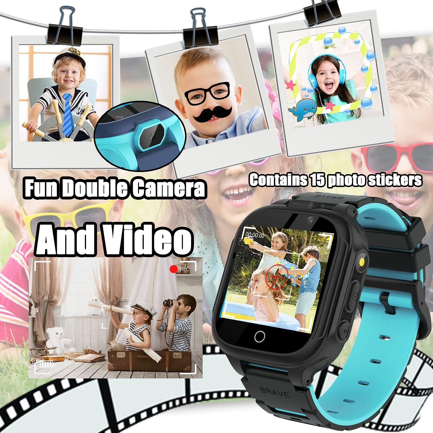 PTHTECHUS Smart Watch S23 showing camera view with photo stickers and children taking photos/videos.
