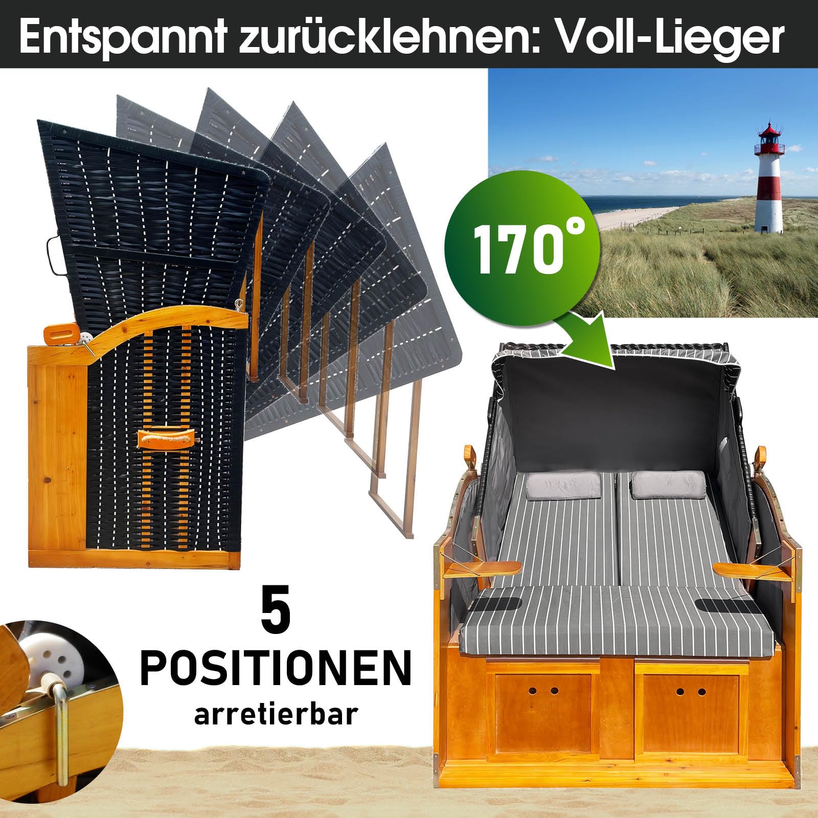 BRAST Strandkorb Rügen Deluxe | für 2 Personen | 120cm breit | 5 Designs | inkl. wetterfeste Abdeckhaube | verstellbare Rückenlehne weiches Fußkissen | Anthrazit/Weiß - Nadelstreifen