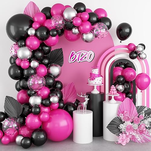 Guirnalda de globos rosa y negro, kit de arco de globos de BTZO con globo de confeti plateado metálico, globos negros y rosas para cumpleaños,