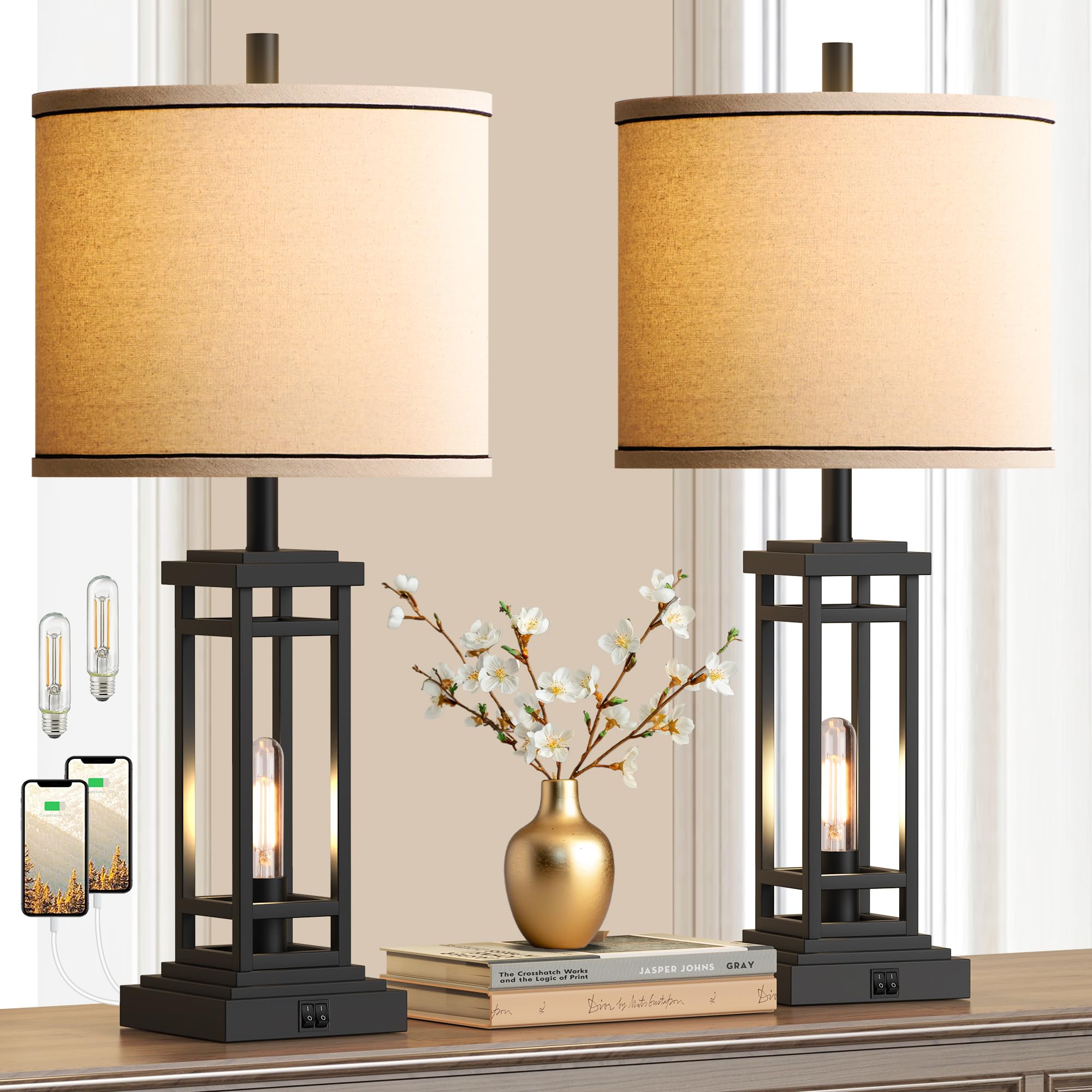 ROTTOGOON Lot de 2 lampes de table de style rustique avec ports de charge USB C + USB A, style rustique industriel pour chambre à coucher, salon, table de chevet (noir)