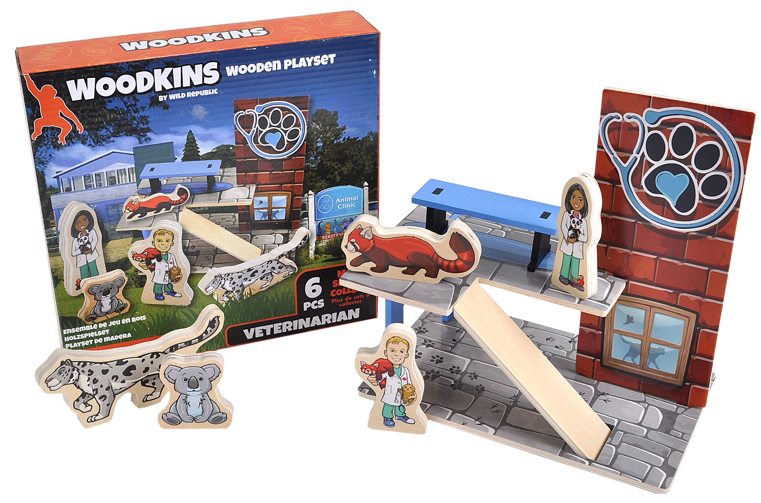 WILD REPUBLICWoodkins Veterinarian Wooden Playset, Gift for Kids, Great for Innovative Play, Eco Friendly, six Piece Boxed Set