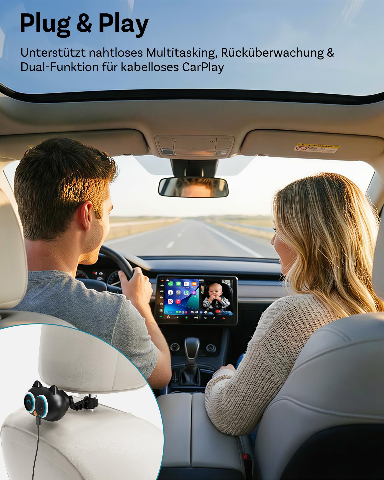 OTTOCAST Cabin Care, 2026 Neues Wireless CarPlay Adapter mit Kamera, Baby Auto Kamera, CarPlay Baby Monitor auf Originaldisplay, Split Screen & Pip, 1080P Nachtsicht, Weitwinkel, Plug & Play