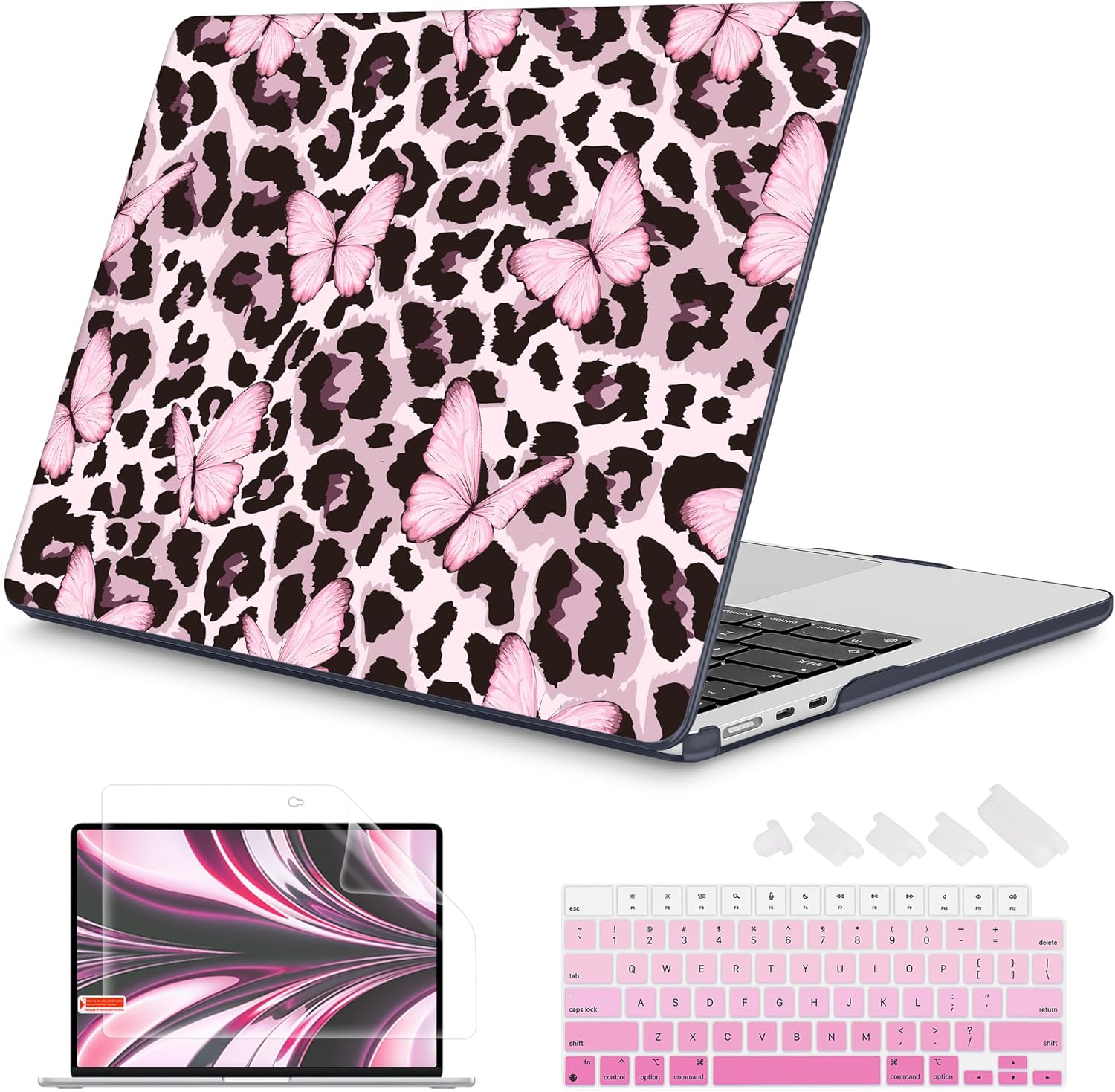 Mektron Designed for 2025/2024/2023 MacBook Air 15 INCH M4 A3241 /M3 A3114 /M2 A2941 Case, Printed Plastic Hard Shell Cover with 15.3" Liquid Retina Display Touch ID, Leopard Pink Butterfly