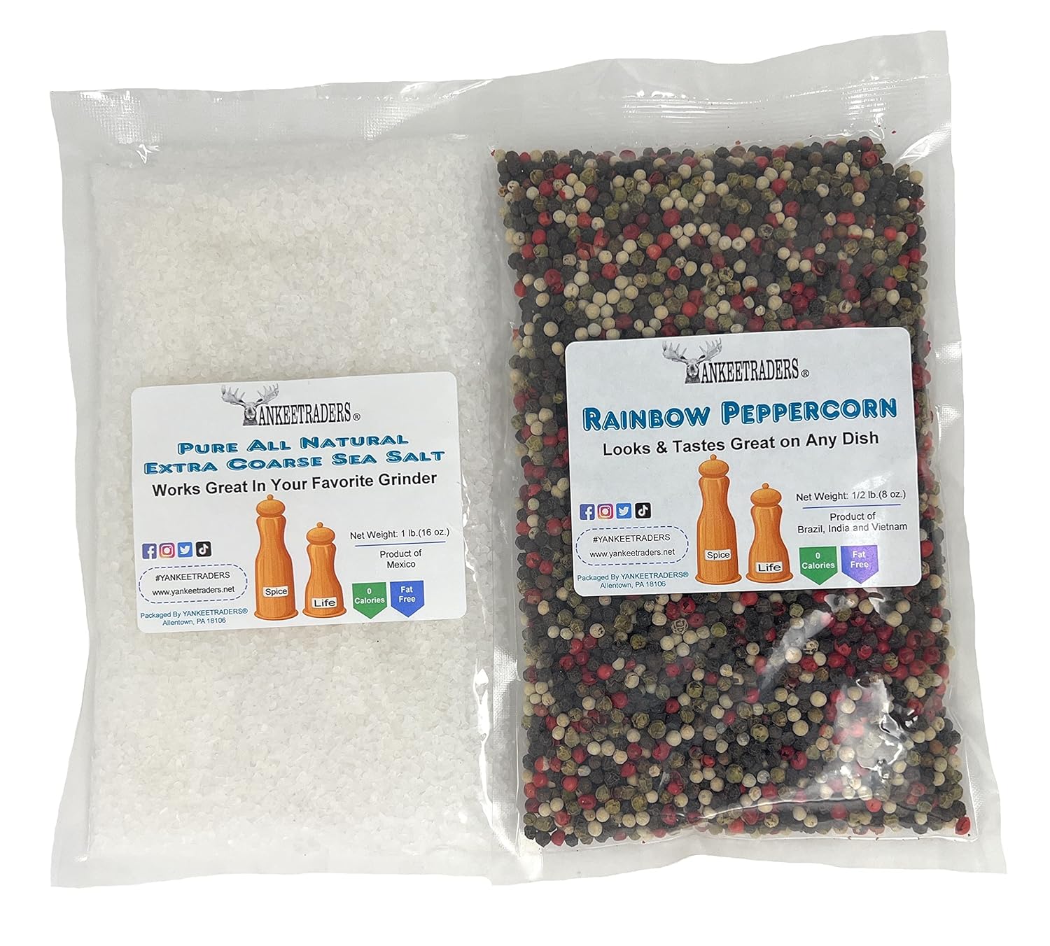 YANKEETRADERS® Rainbow Peppercorn Blend & Sea Salt Packs for Mill Grinders