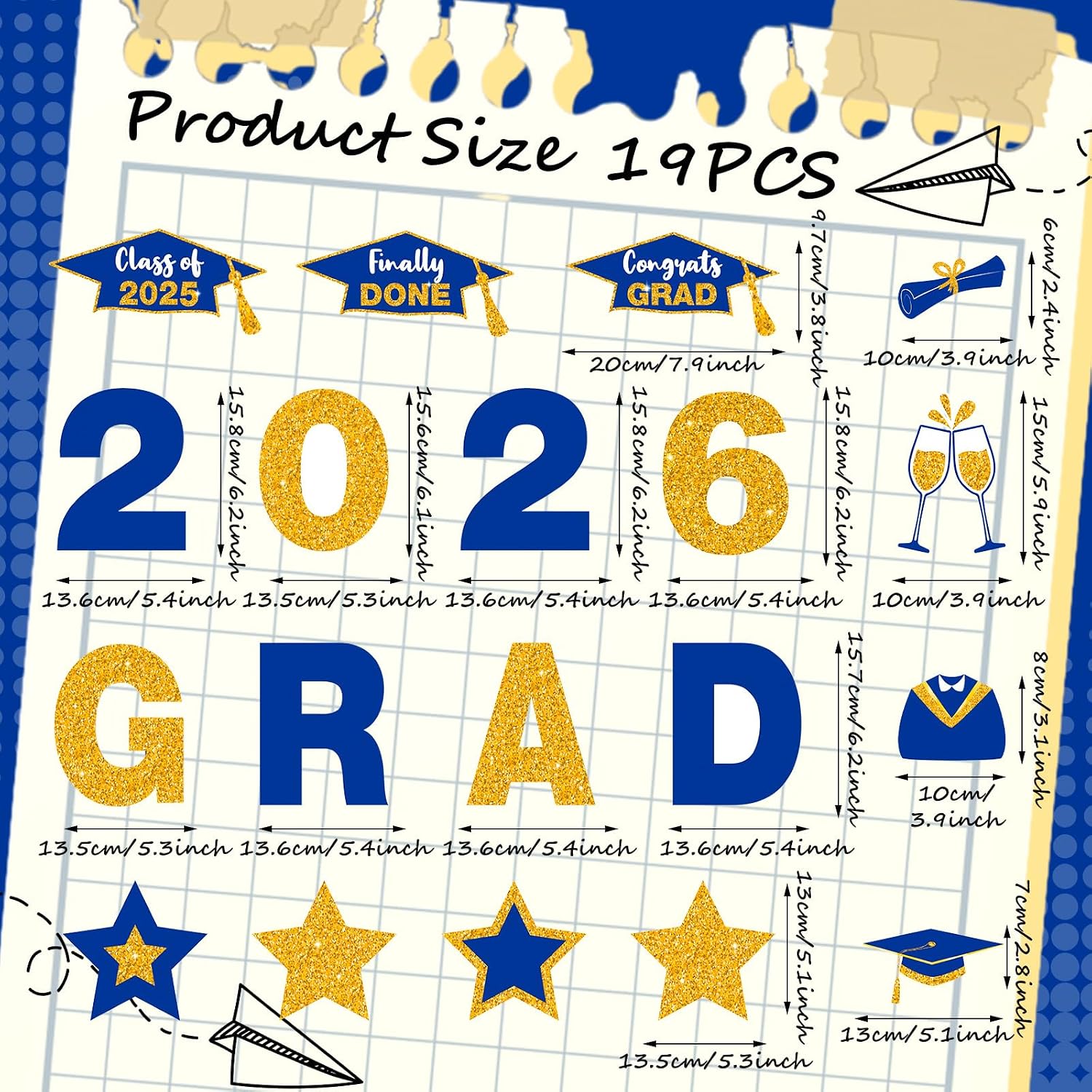 Ferraycle 19 Pieces Graduation Cruise Magnets 2026 Graduation Car Decorations Waterproof Grad Refrigerator Magnetic Decals Stickers for Party Garage Door Decoration Cars Bumper(Blue and Gold)