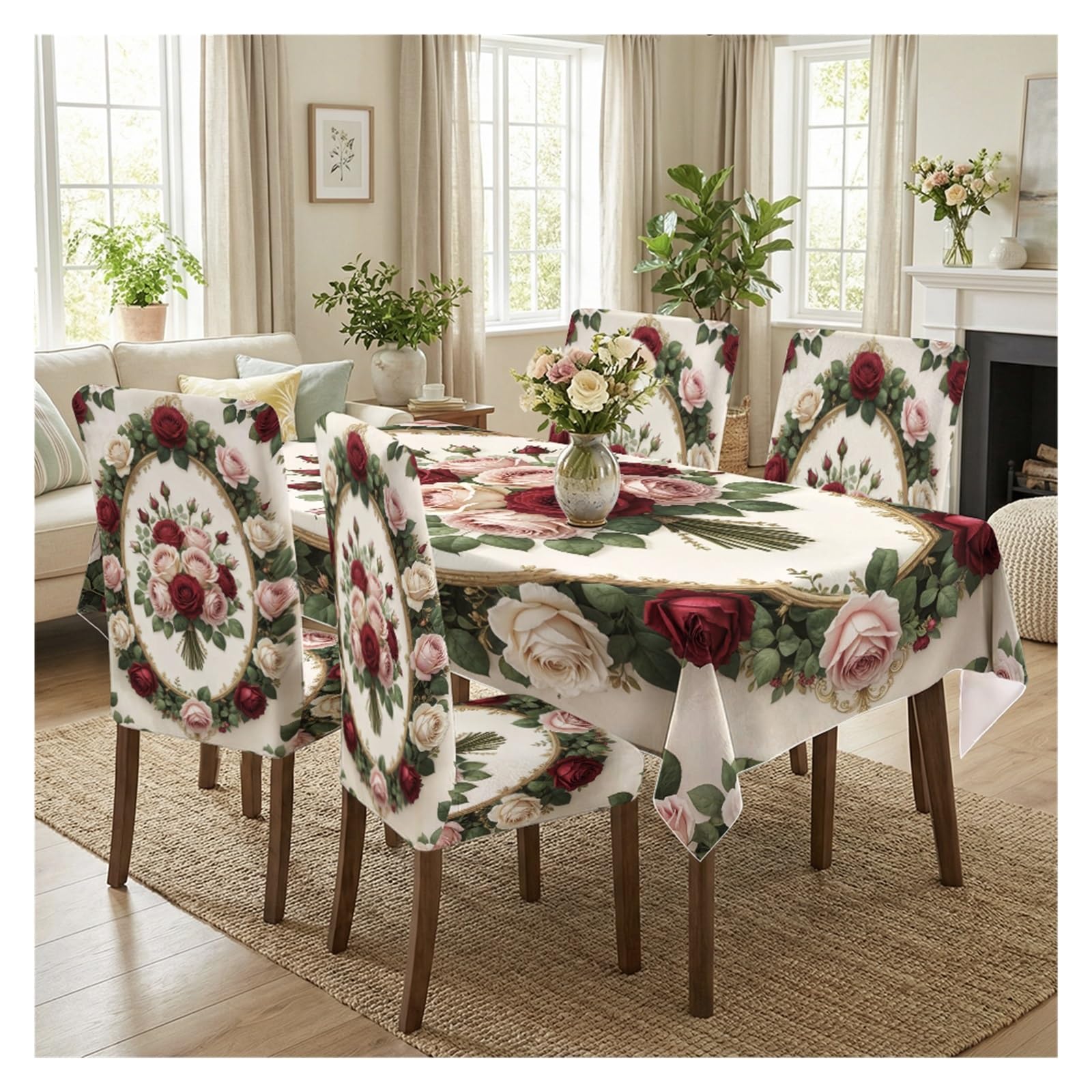 Nappe et housses de chaise roses rouges vintage | Set de table élégant 5/7 pièces