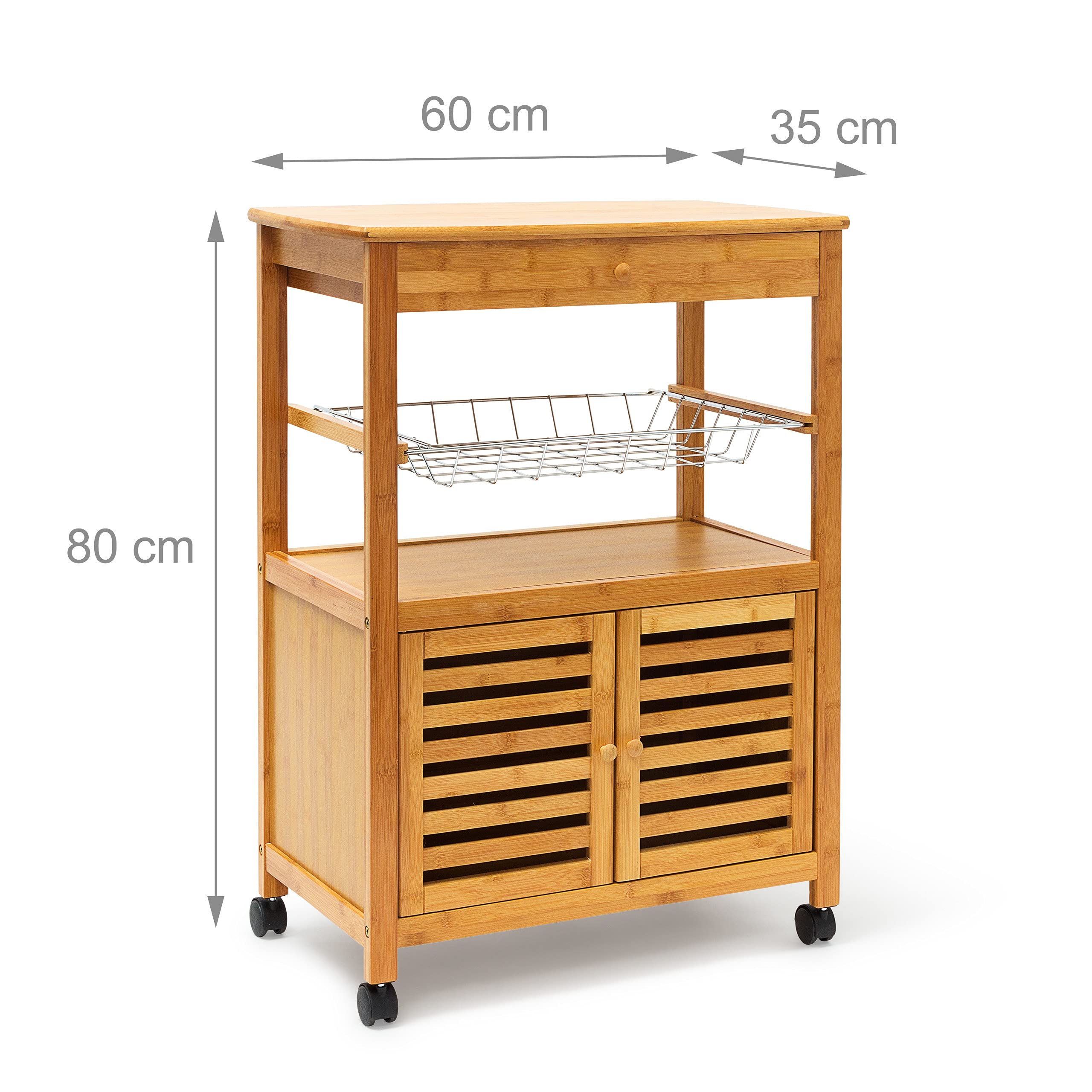Carrello Da Cucina Con Portabottiglie - Isola Mobile, 2 Scomparti, Cassetto, Piano In Bambù, 80x65x35 Cm