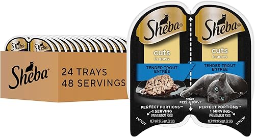 Sheba Perfect Portions - Comida húmeda para gatos con porciones cortadas en salsa, entrante de trucha tierna, bandejas dobles de 2.6 onzas (paquete